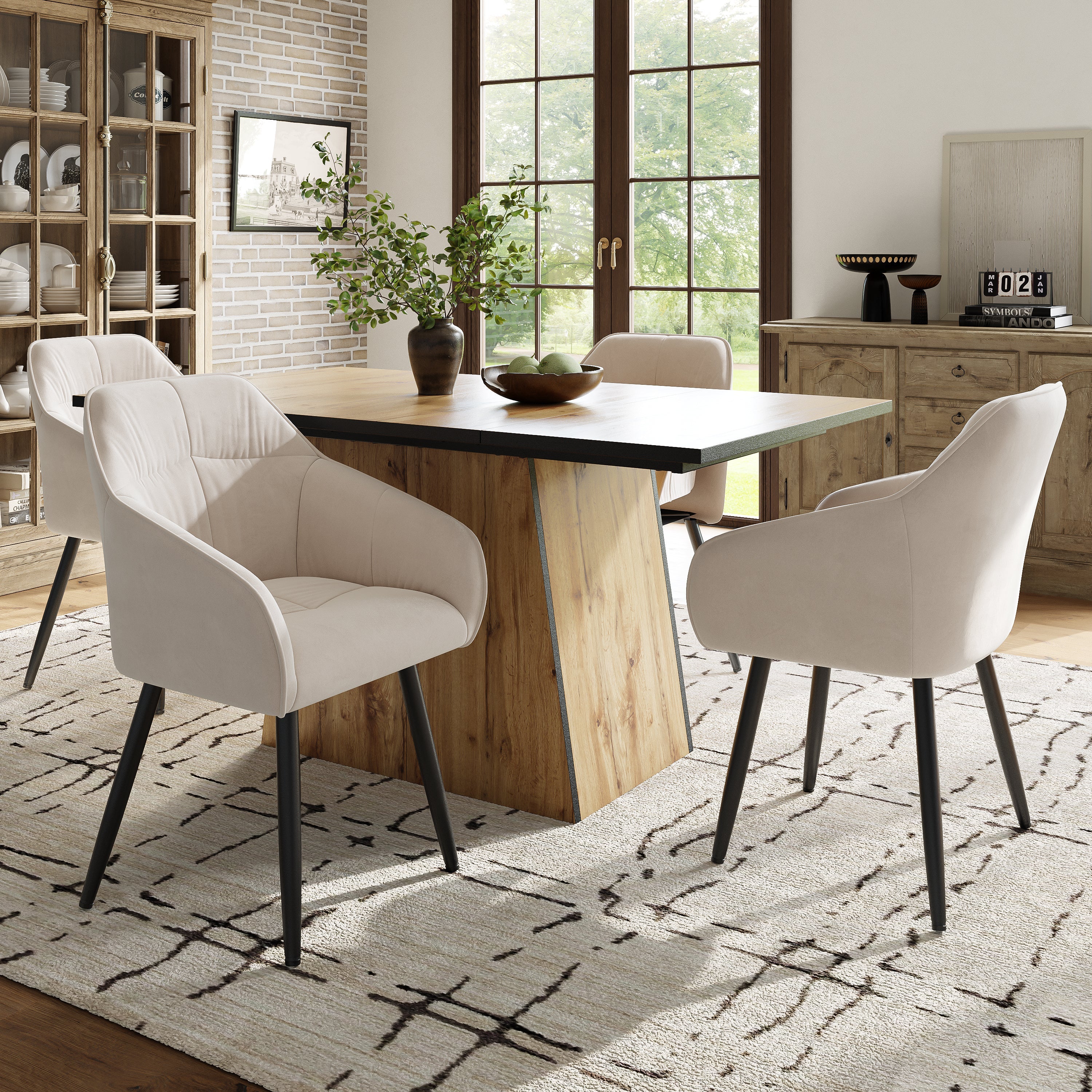 Logidon Dining Table Set 5-Piece Beige Velvet Chairs Wood Grain Table