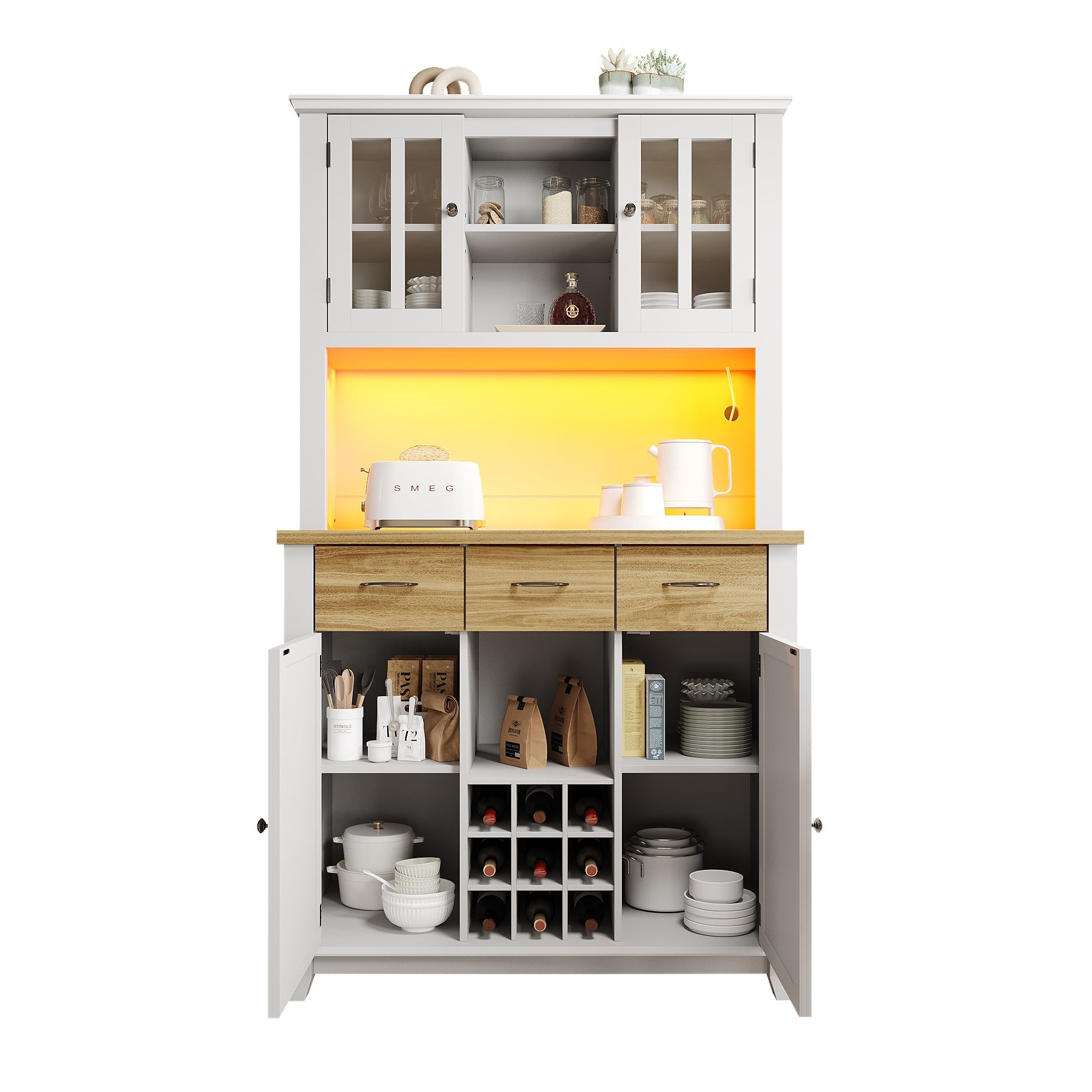 Logidon keukenkast vitrinekast 106x40x179cm met LED licht naturel wit
