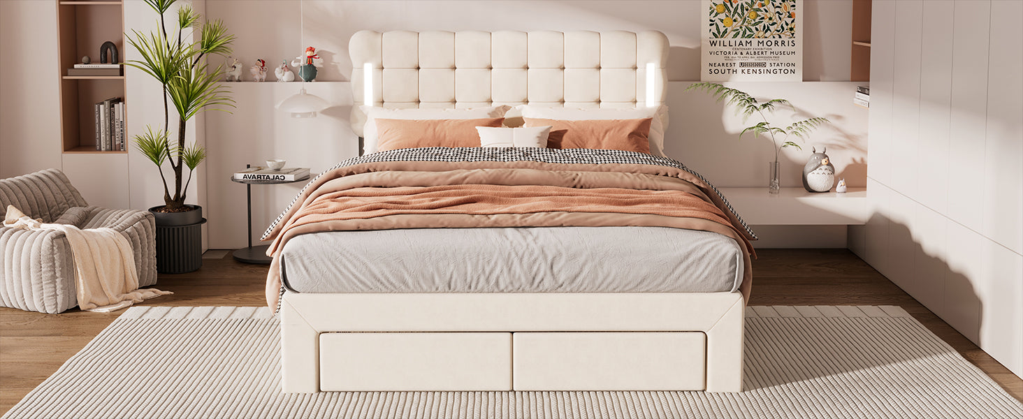 Logidon Flat Bed 140x200 Beige Velvet With Lighting And 4 Drawers