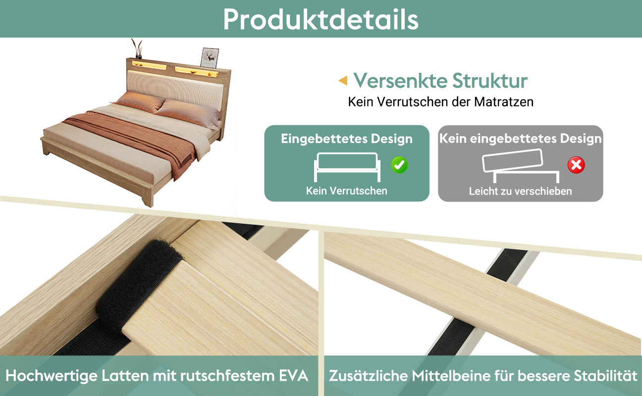 Logidon tweepersoonsbed 160x200 cm met opbergruimte en LED-verlichting beige