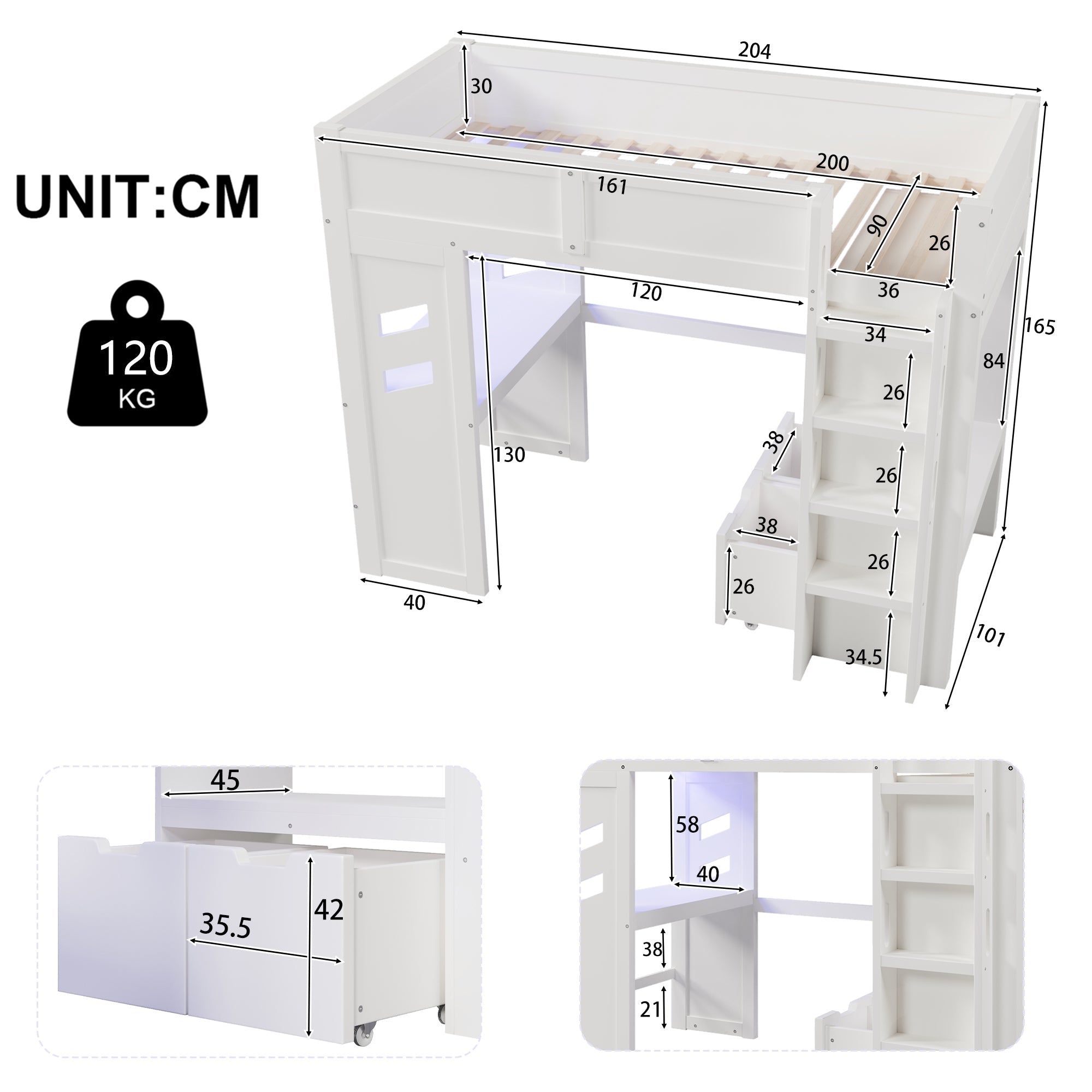 Logidon hoogslaper 90x200cm gamingbed met bureau USB Type C wit