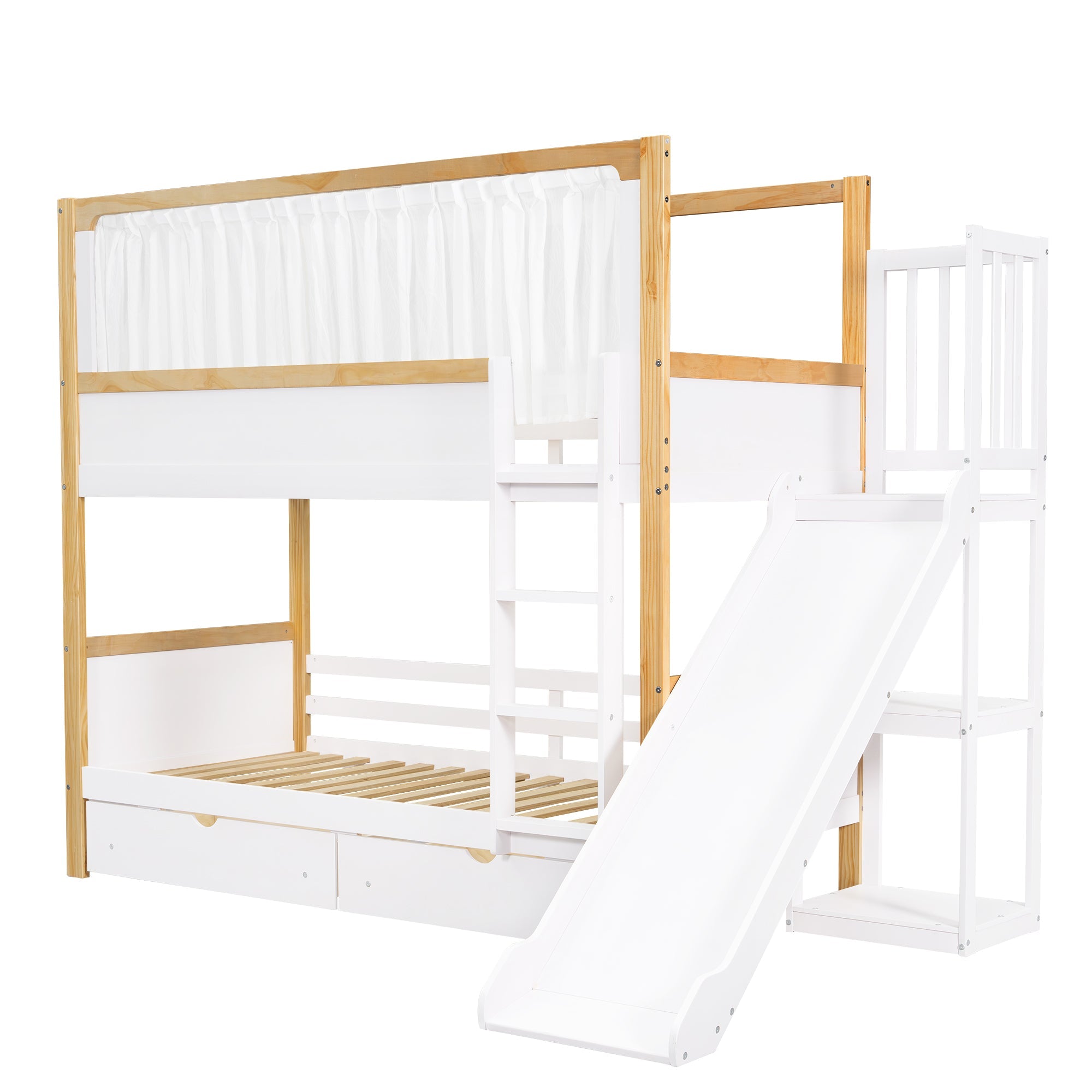 Logidon stapelbed 90x200 wit naturel met glijbaan en lades