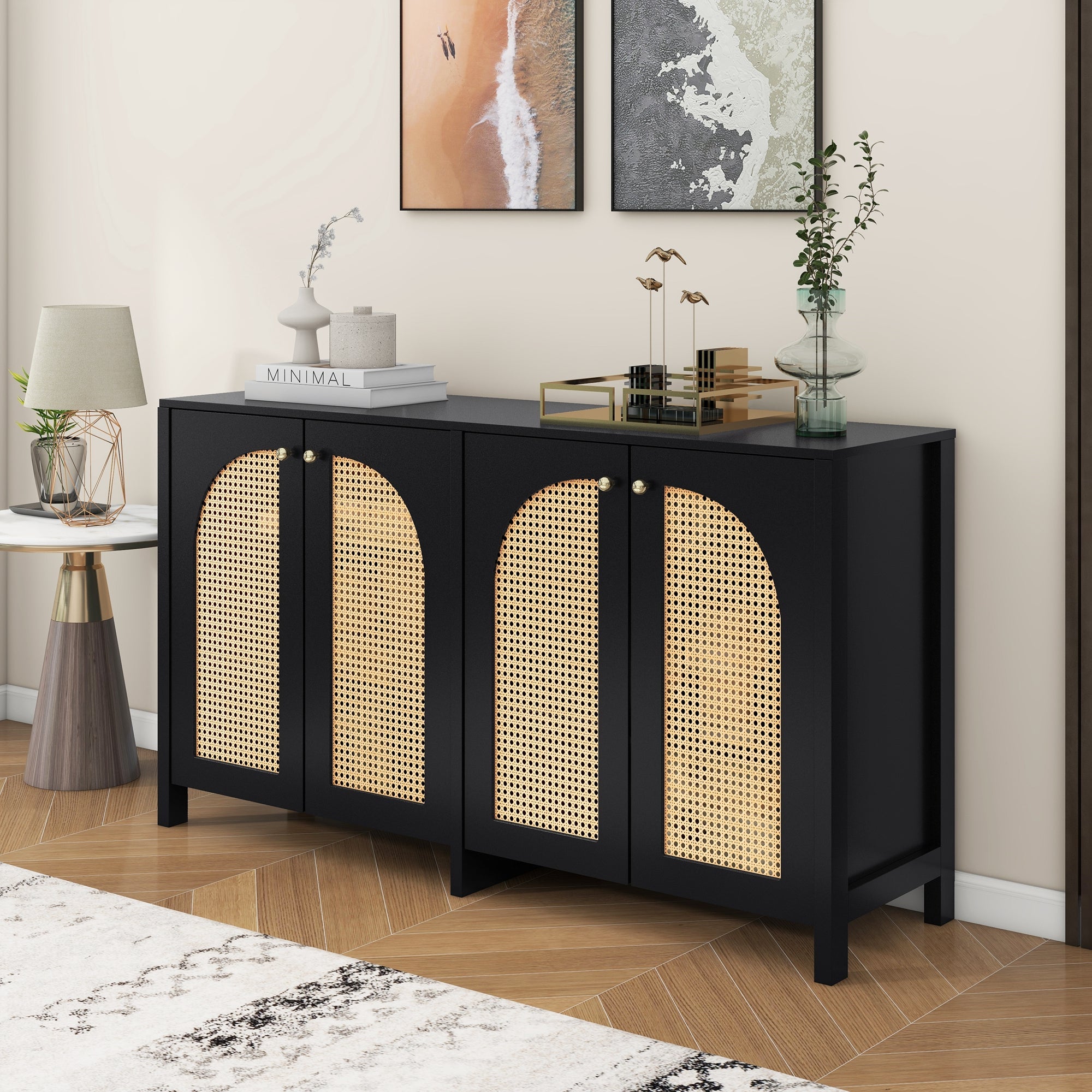 Logidon Dressoir Zwart Met Rotan Deuren Modern Buffet 145x40x80