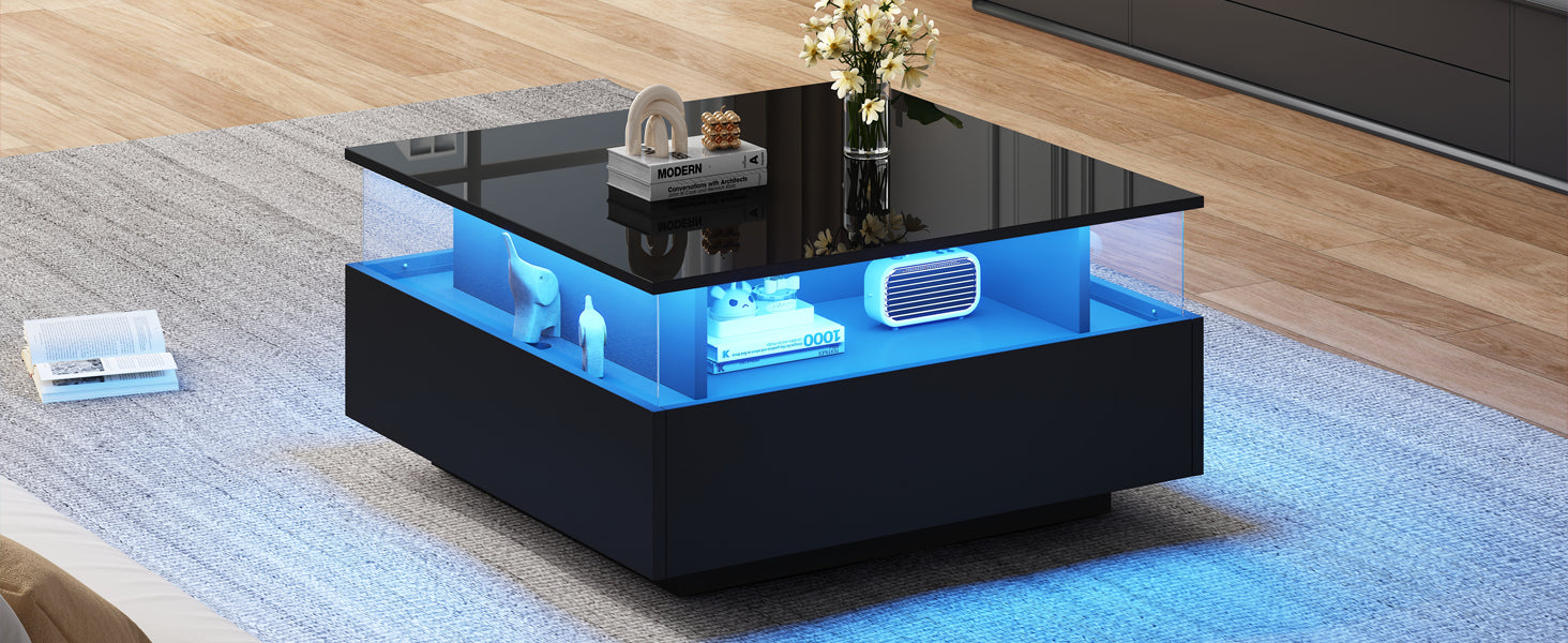 Logidon hoogglans LED salontafel 90x55x45 cm zwart 2 lades