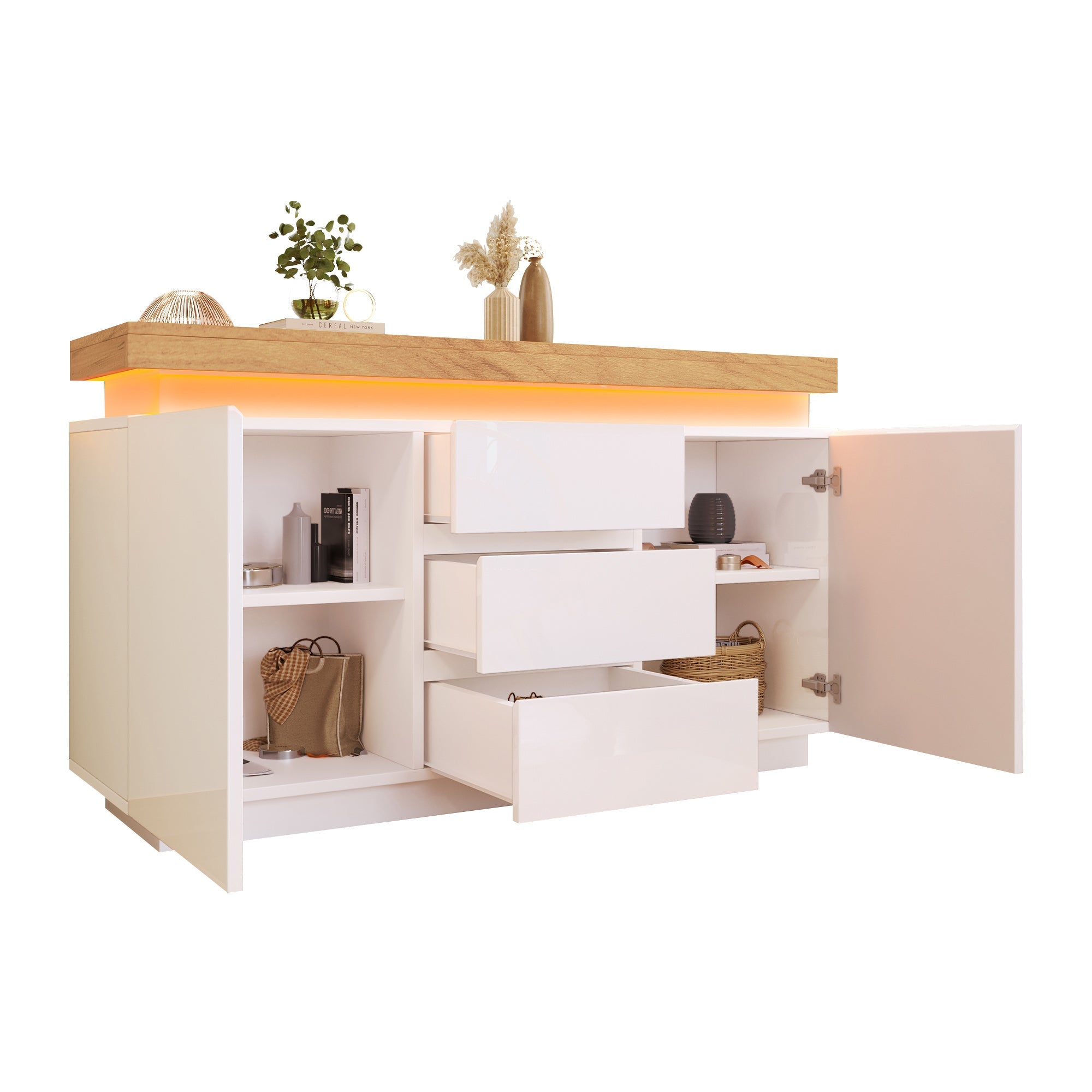 Logidon Wit Dressoir Met LED Verlichting 2 Deurs 3 Lades