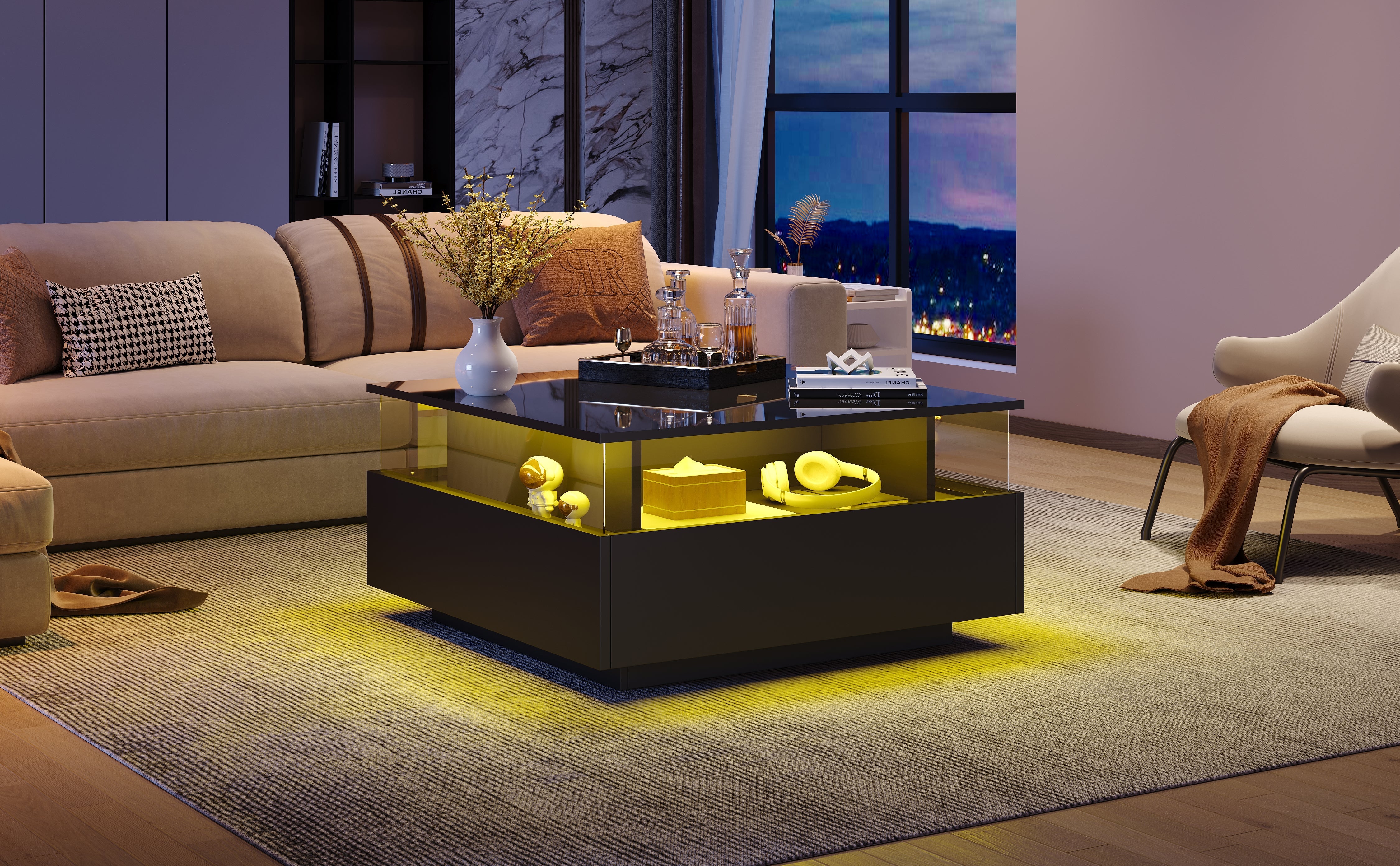 Logidon hoogglans LED salontafel 90x55x45 cm zwart 2 lades