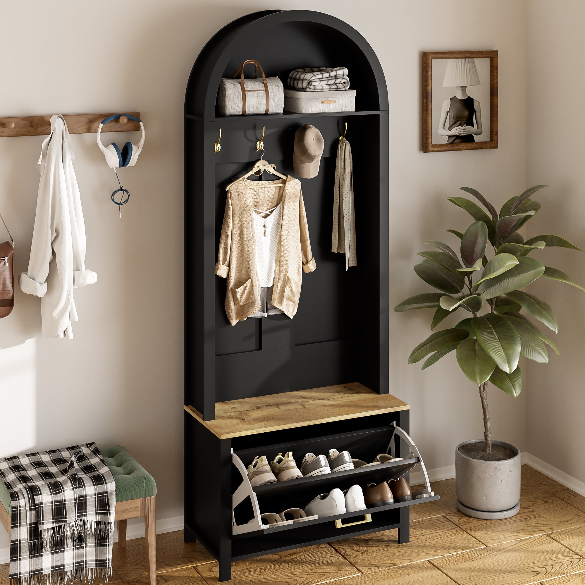 Logidon Garderobekast Zwart 75x35x195 cm Halboom met Schoenenrek