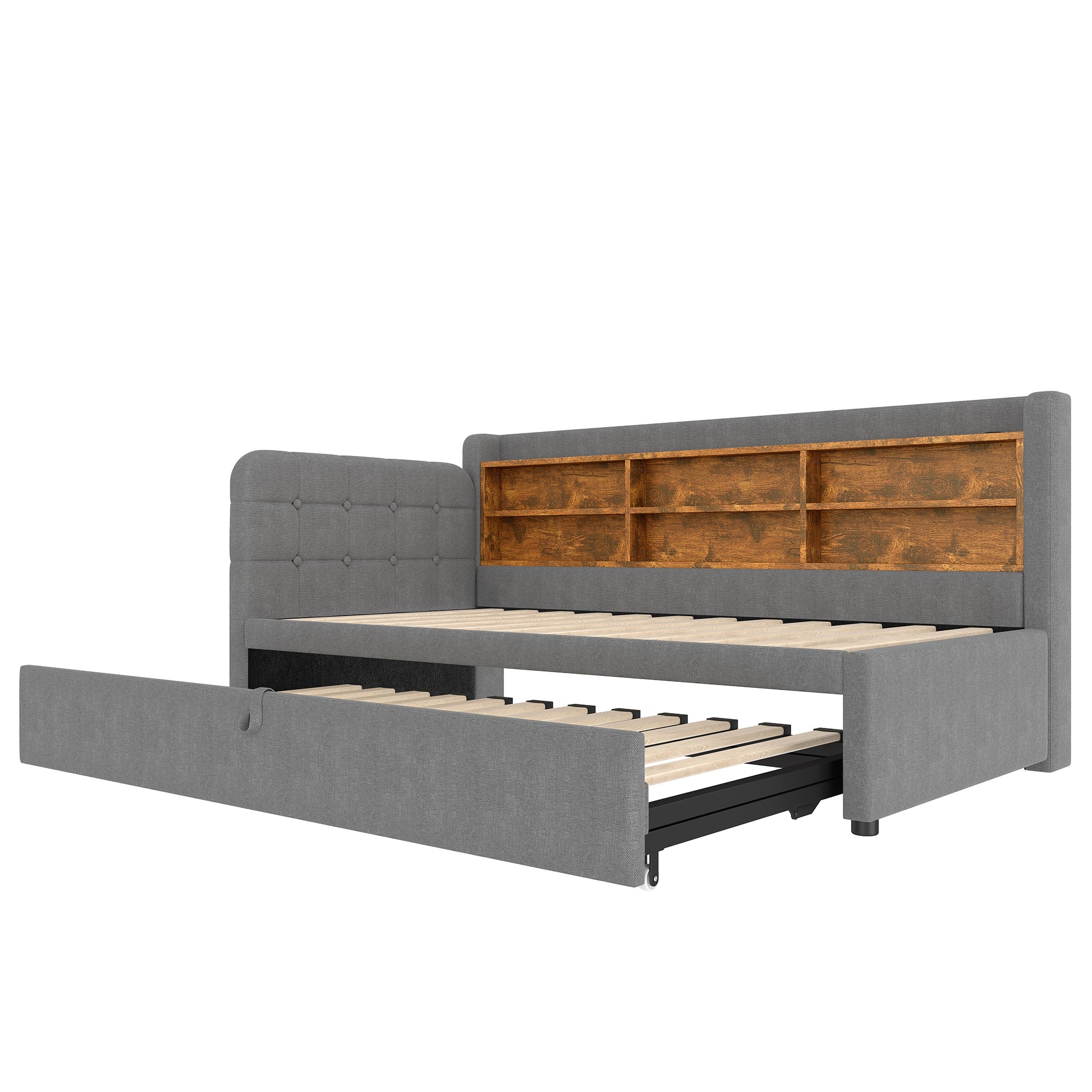 Logidon Daybed 90x200cm grijs linnen uitschuifbare slaapbank USB Type C