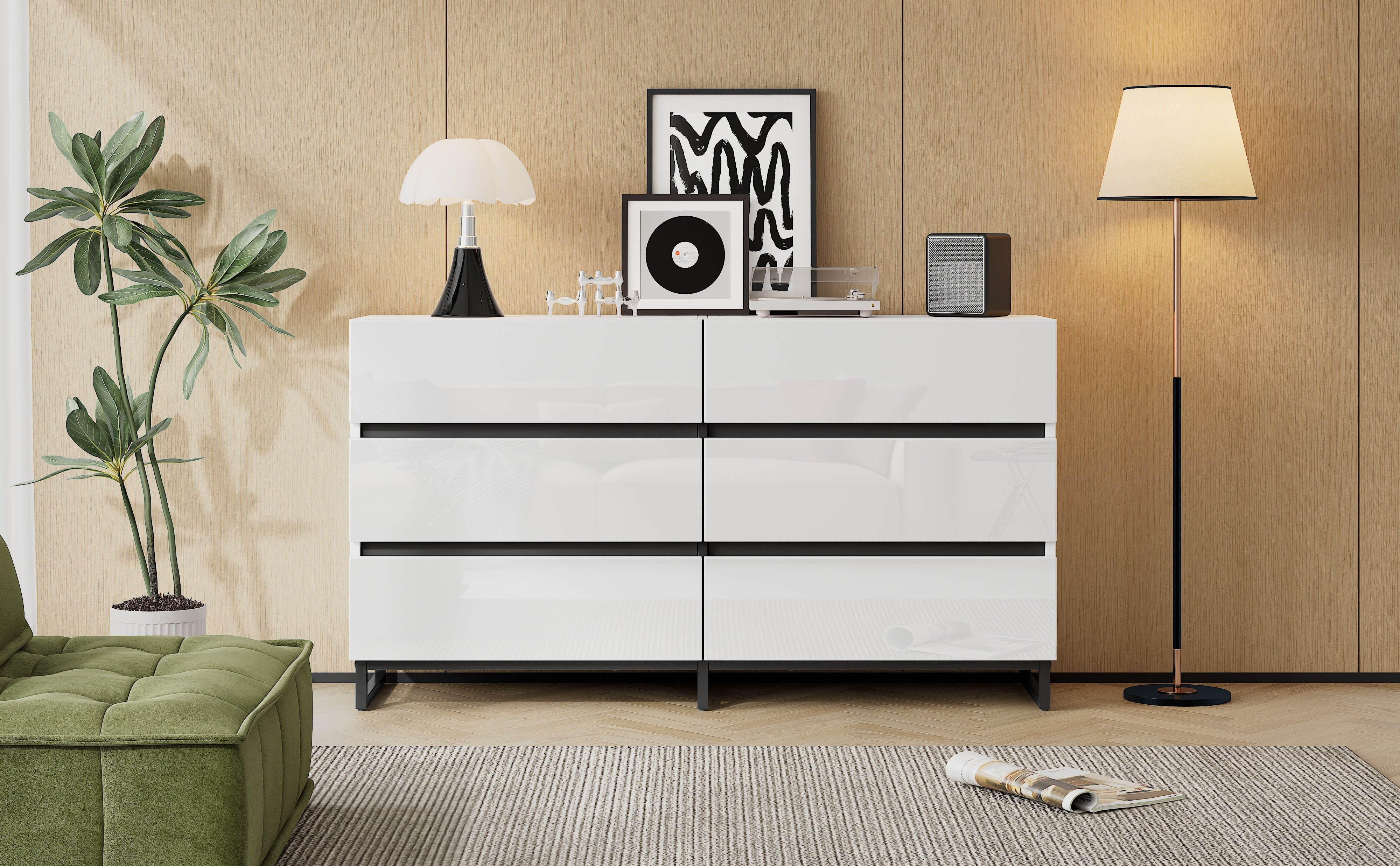 Logidon dressoir 140 cm hoogglans wit zwart met 6 lades
