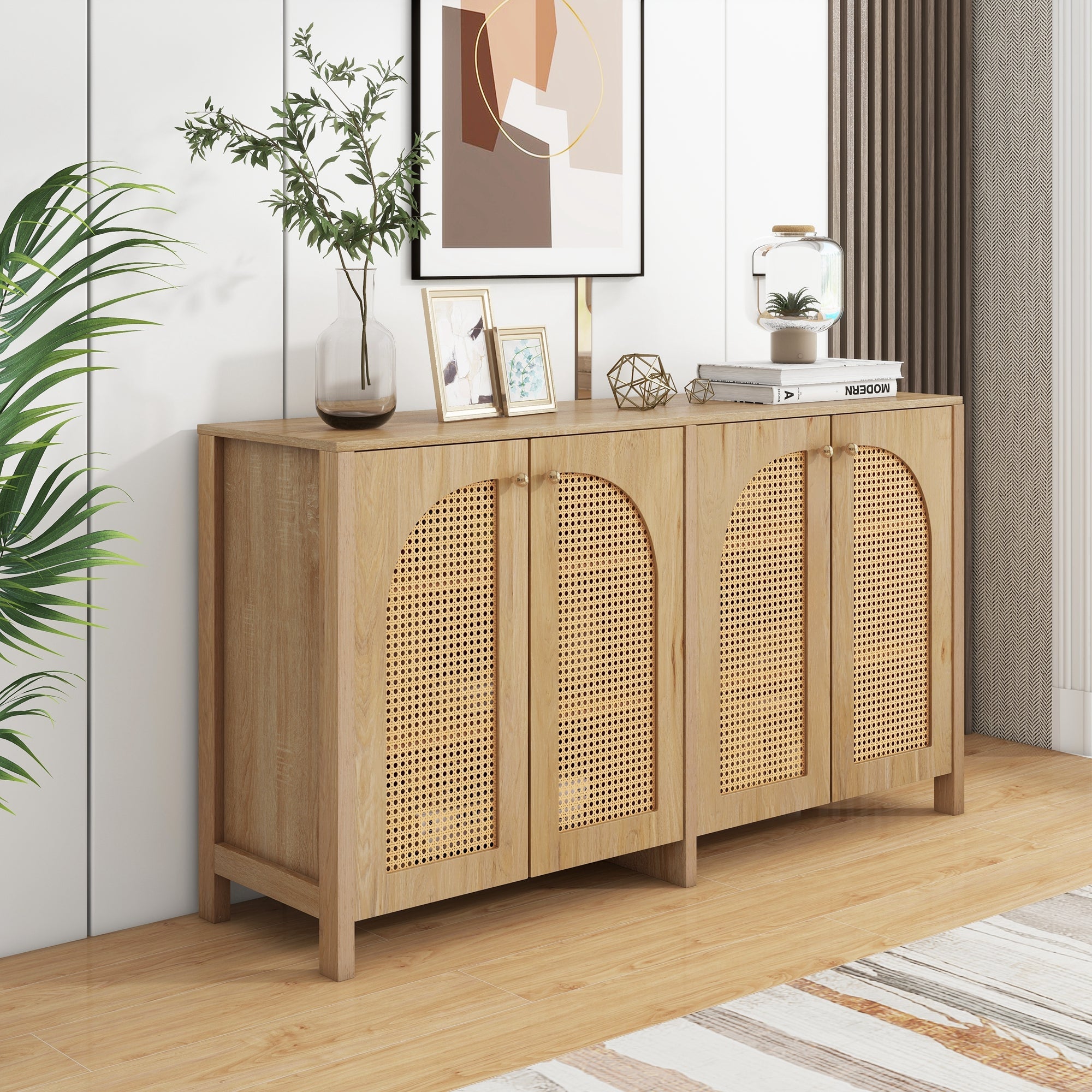 Logidon Dressoir 145x40x80 cm met vier rotan deuren natuurlijk hout
