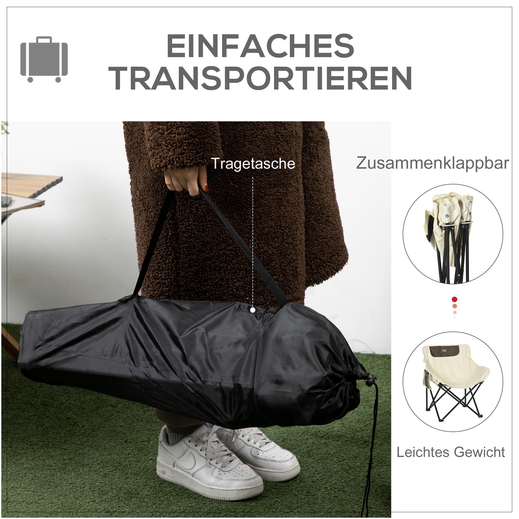 Logidon campingstoel klapstoel wit 61x54x66 cm met zijvak stalen poten