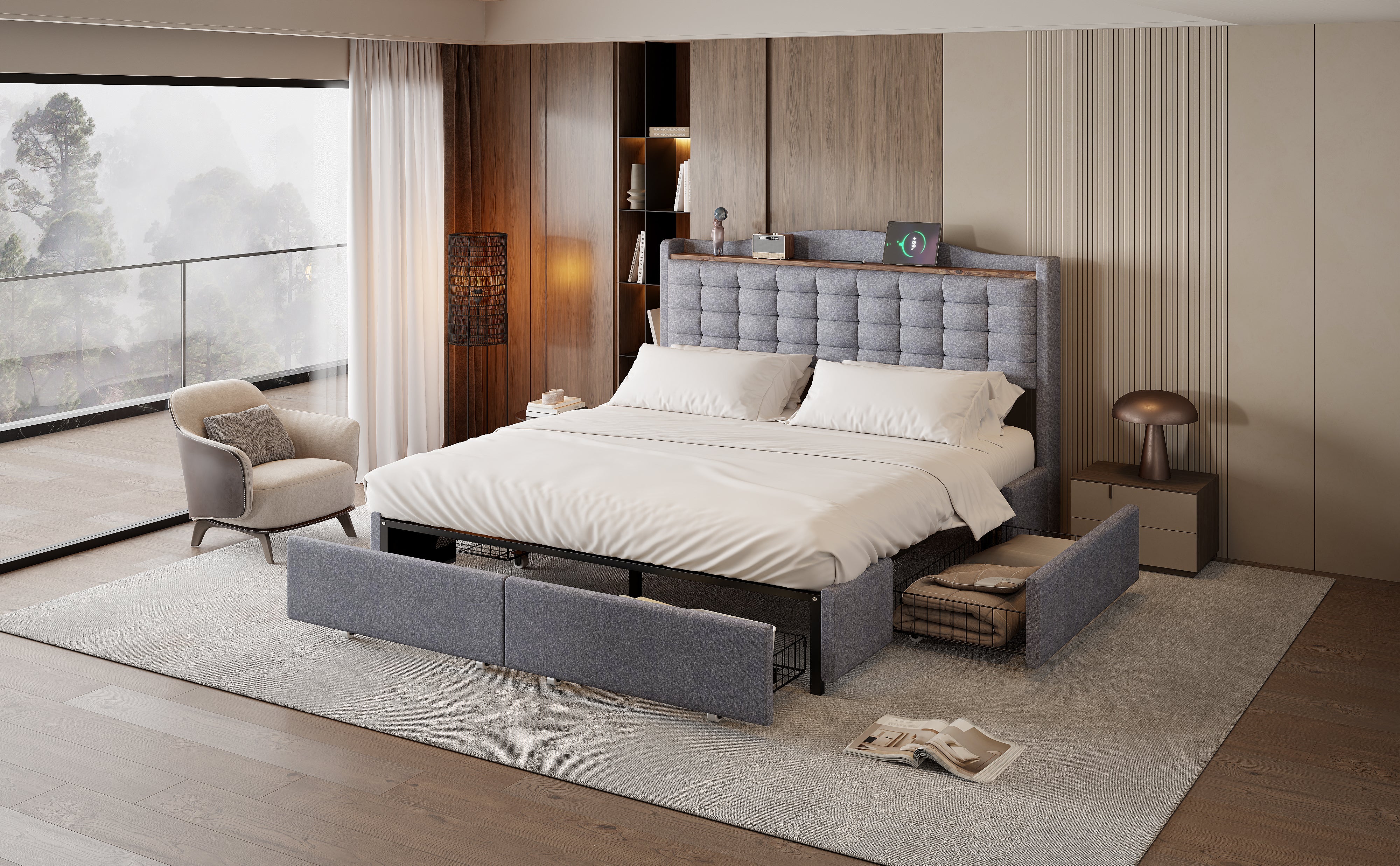 Logidon gestoffeerd bed 160x200 grijs USB-oplaadpoort
