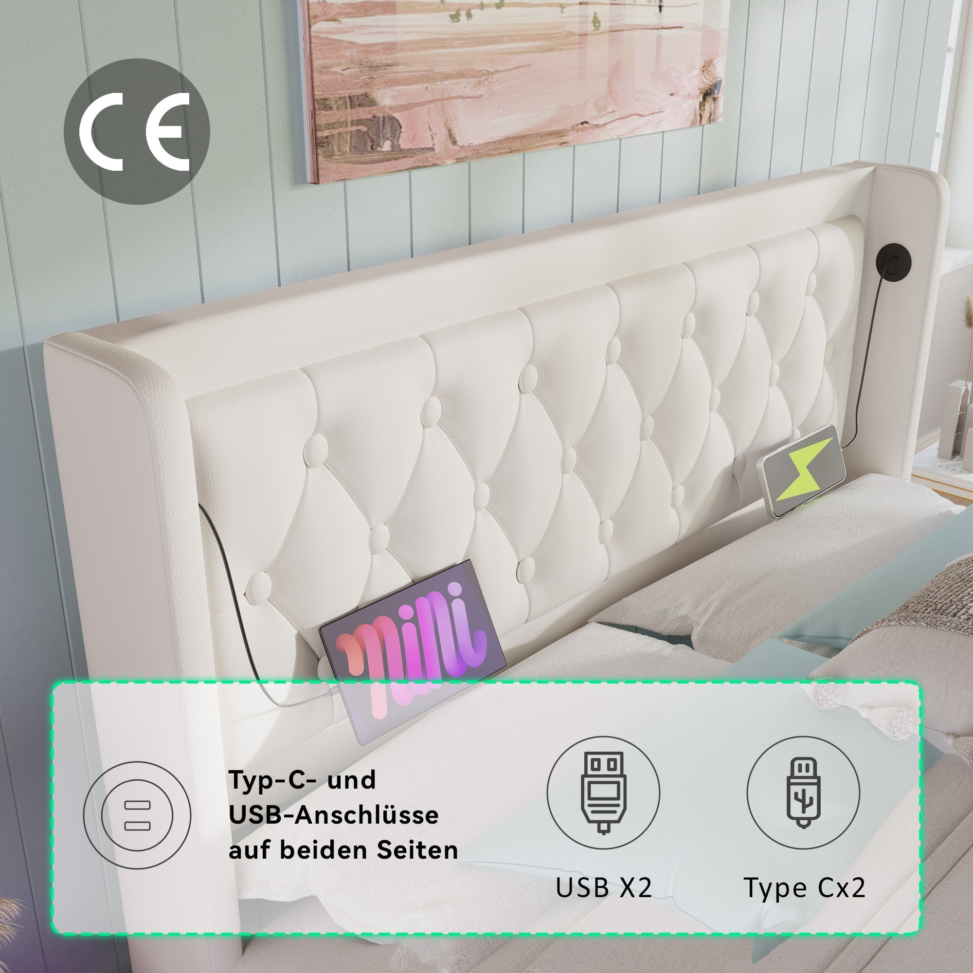Logidon upholstered bed 160x200 cm white PU with USB C charging function storage space