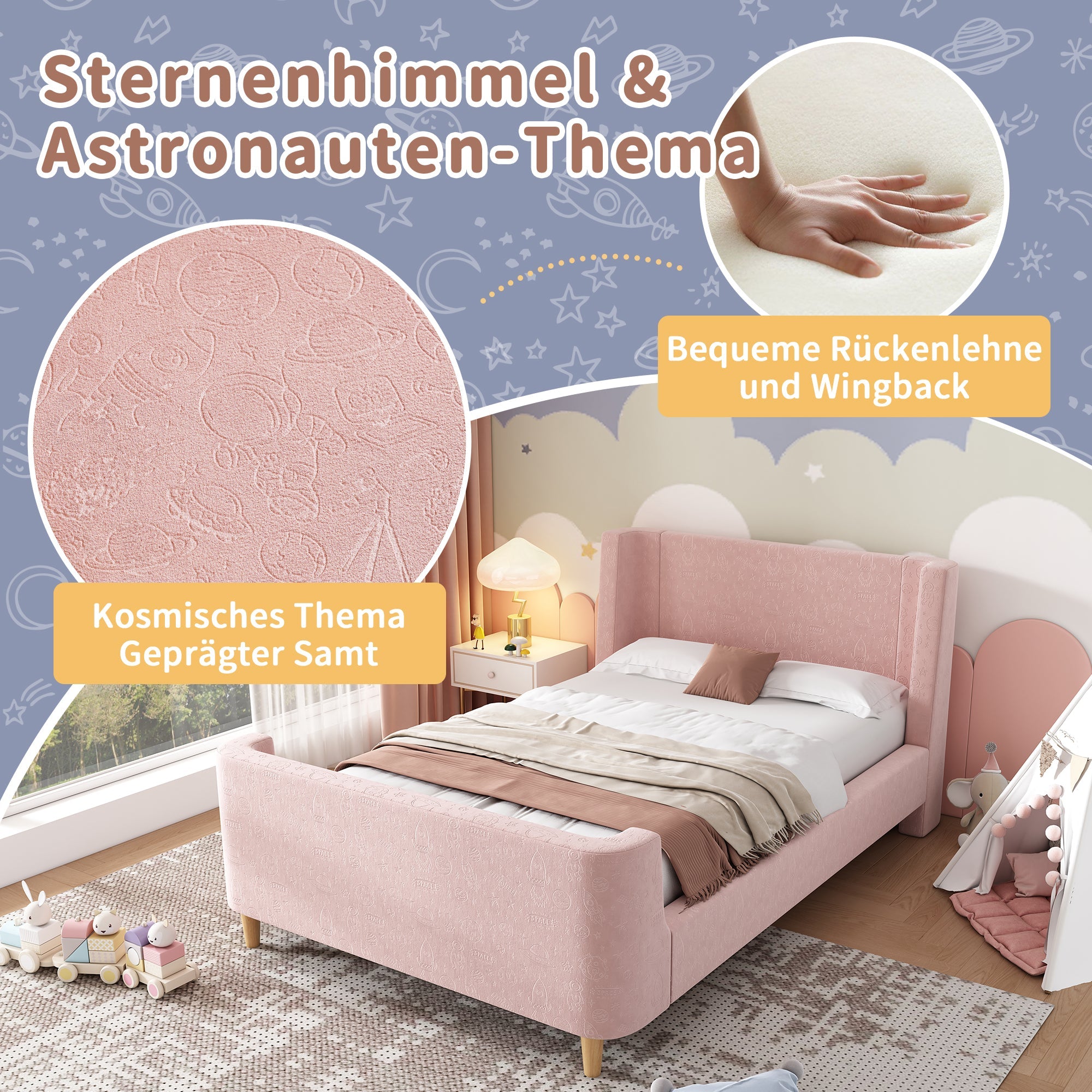 Logidon kinderbed gestoffeerd bed 90x200 roze fluweel sleebed Kosmos