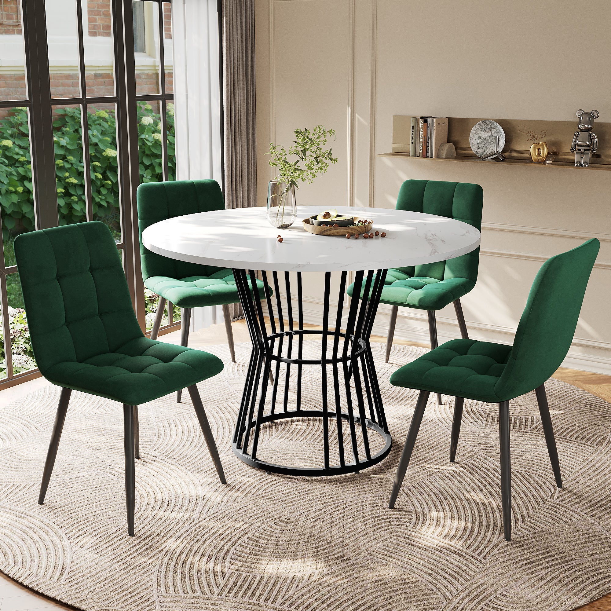 Logidon Eettafelset Rond 100 cm Wit MDF Tafelblad Groen Fluwelen Stoelen