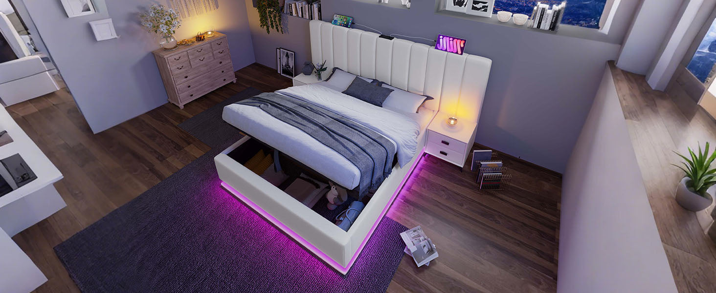 Logidon gestoffeerd bed 160x200 wit met opbergruimte en app-gestuurde LED-verlichting