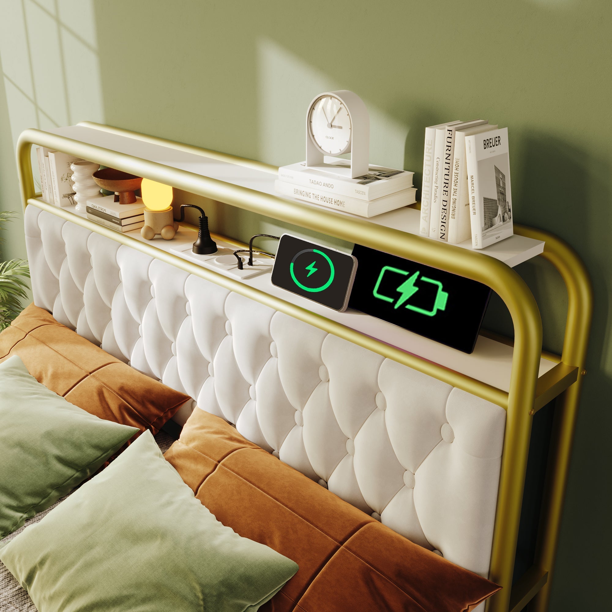 Logidon fluwelen gestoffeerd bed 160x200 wit USB Type C LED app oplaadfunctie