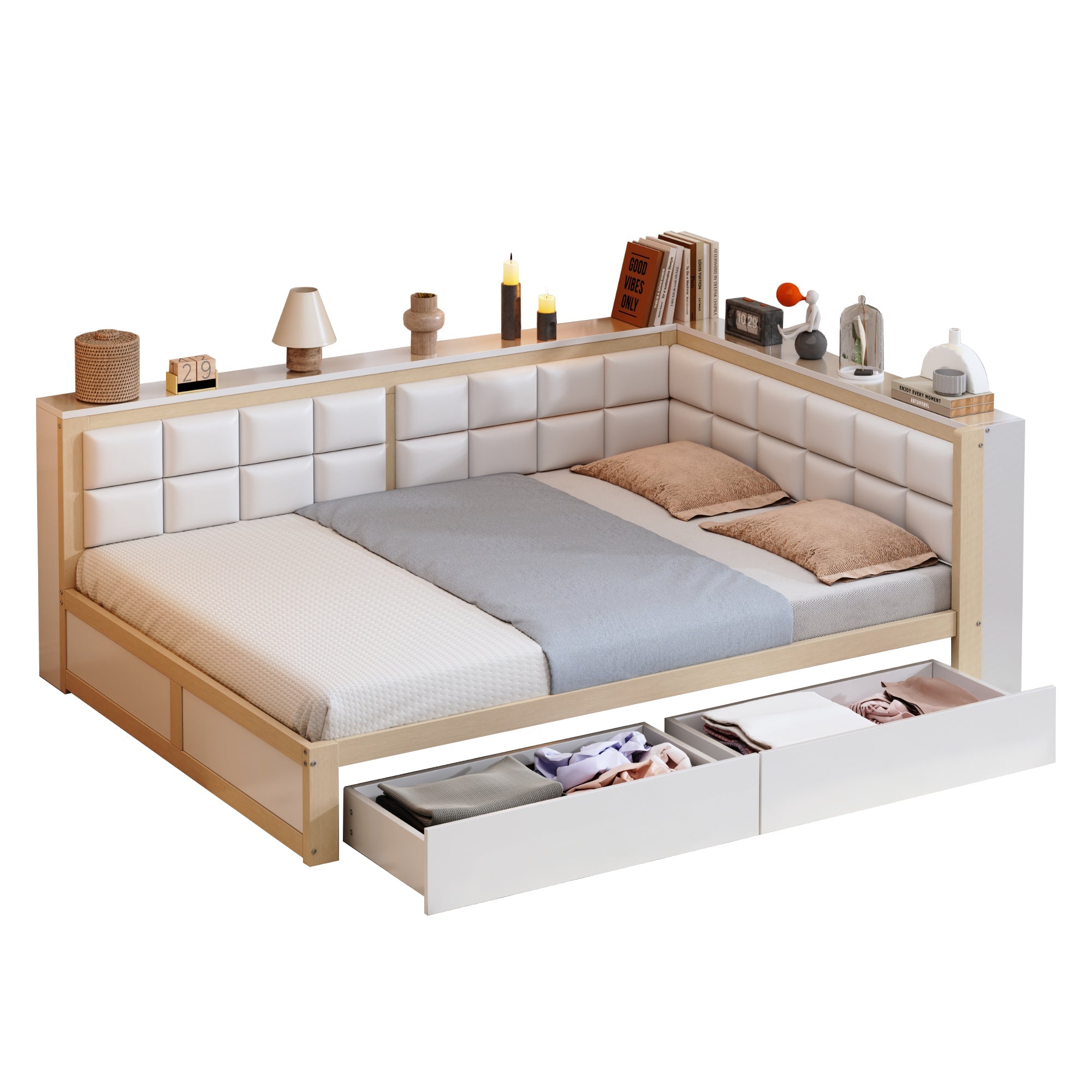 Logidon slaapbank 140x200 met rugleuning en opbergruimte naturel hout