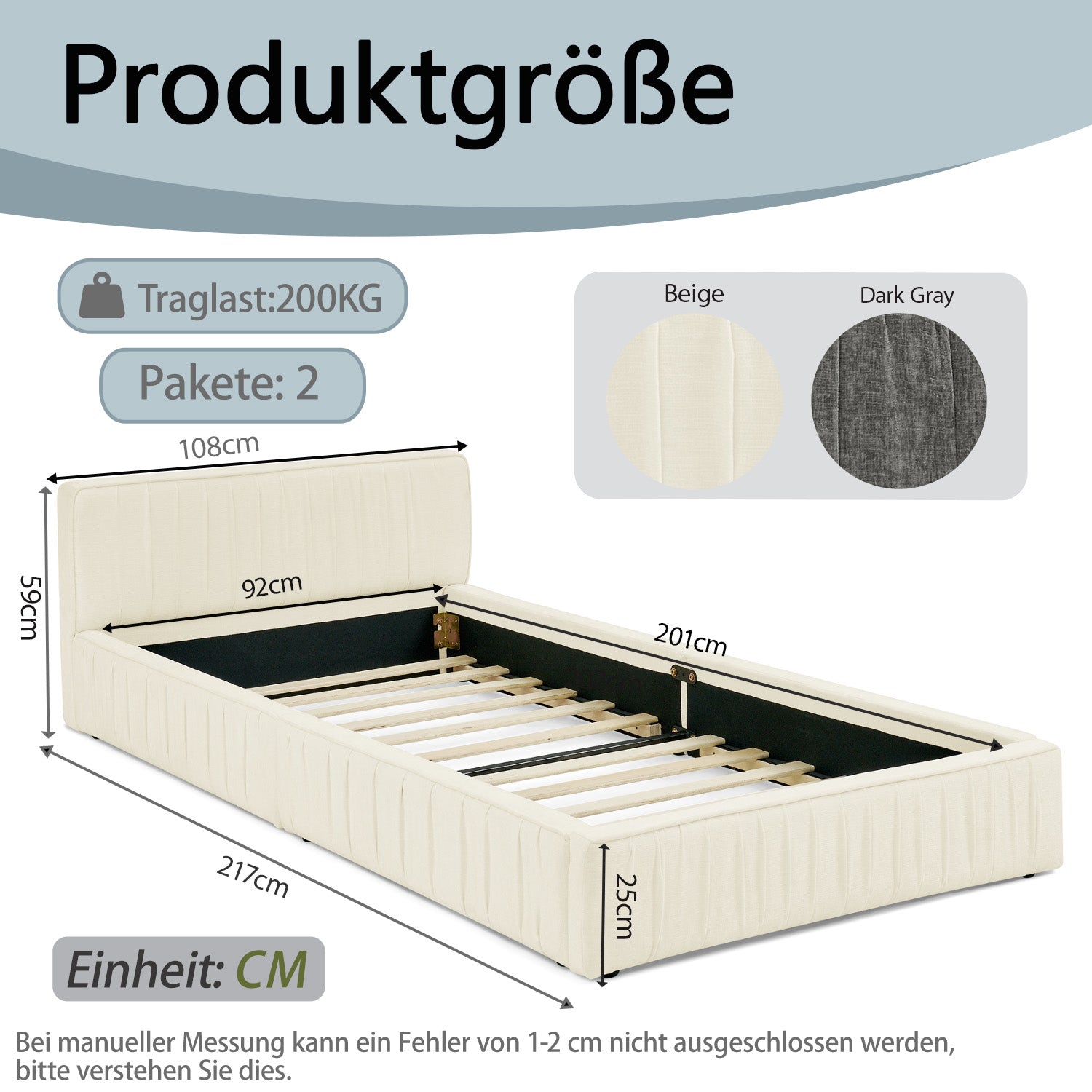 Logidon eenpersoonsbed 90x200cm chenille beige eucalyptushout ijzeren frame