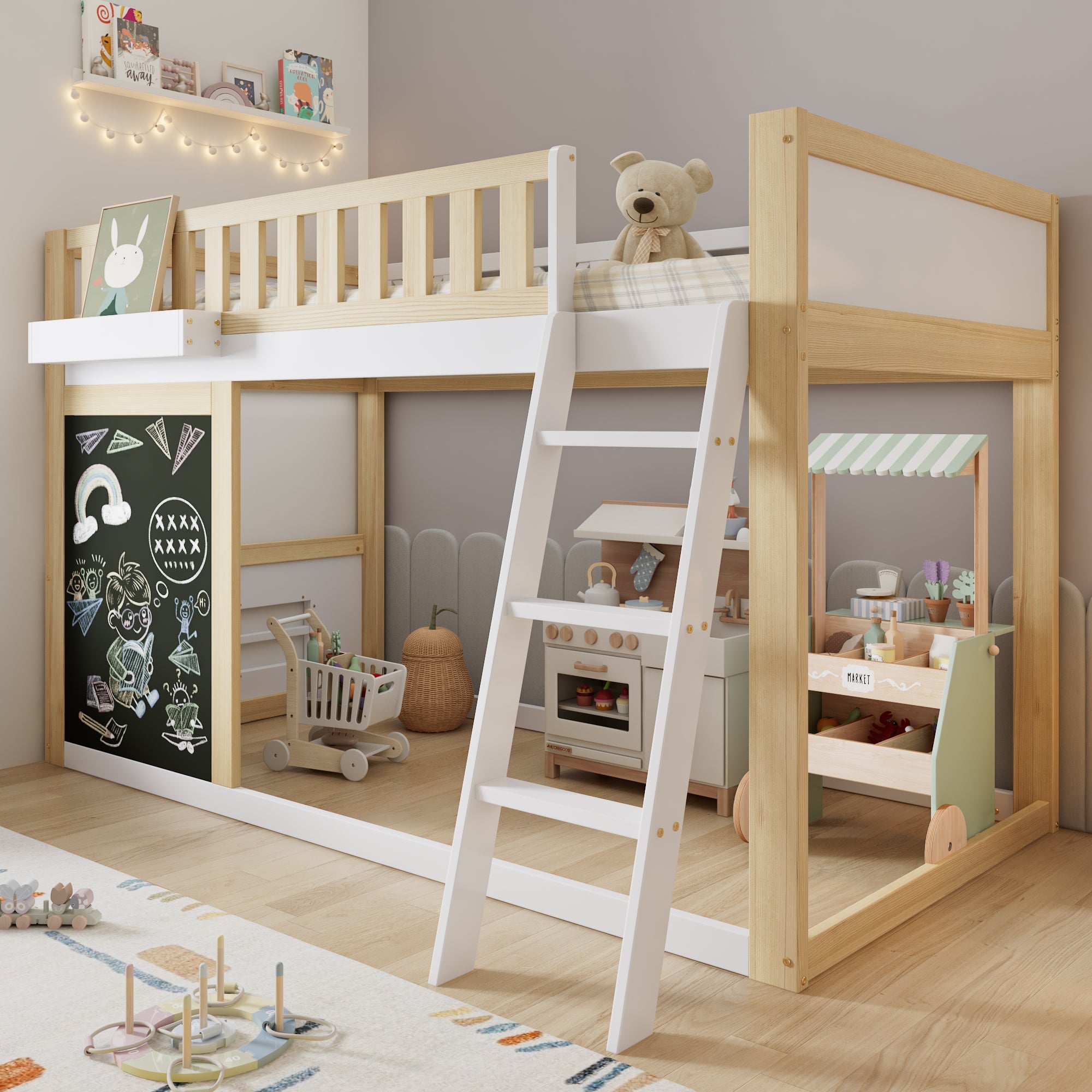 Logidon Kinderhoogslaper 90x200 met plankruimte en opbergruimte wit-naturel