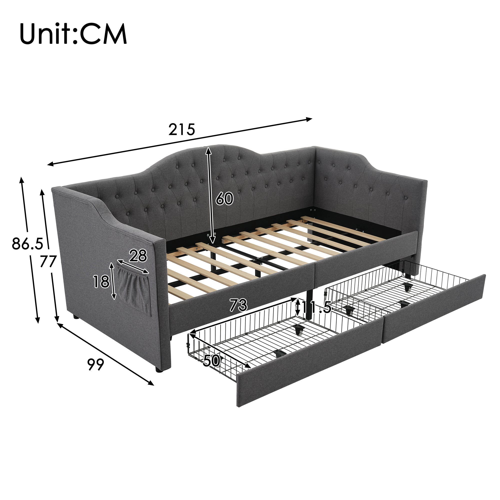 Logidon gestoffeerd dagbed 90x200 grijs USB-C oplaadfunctie 2 lades