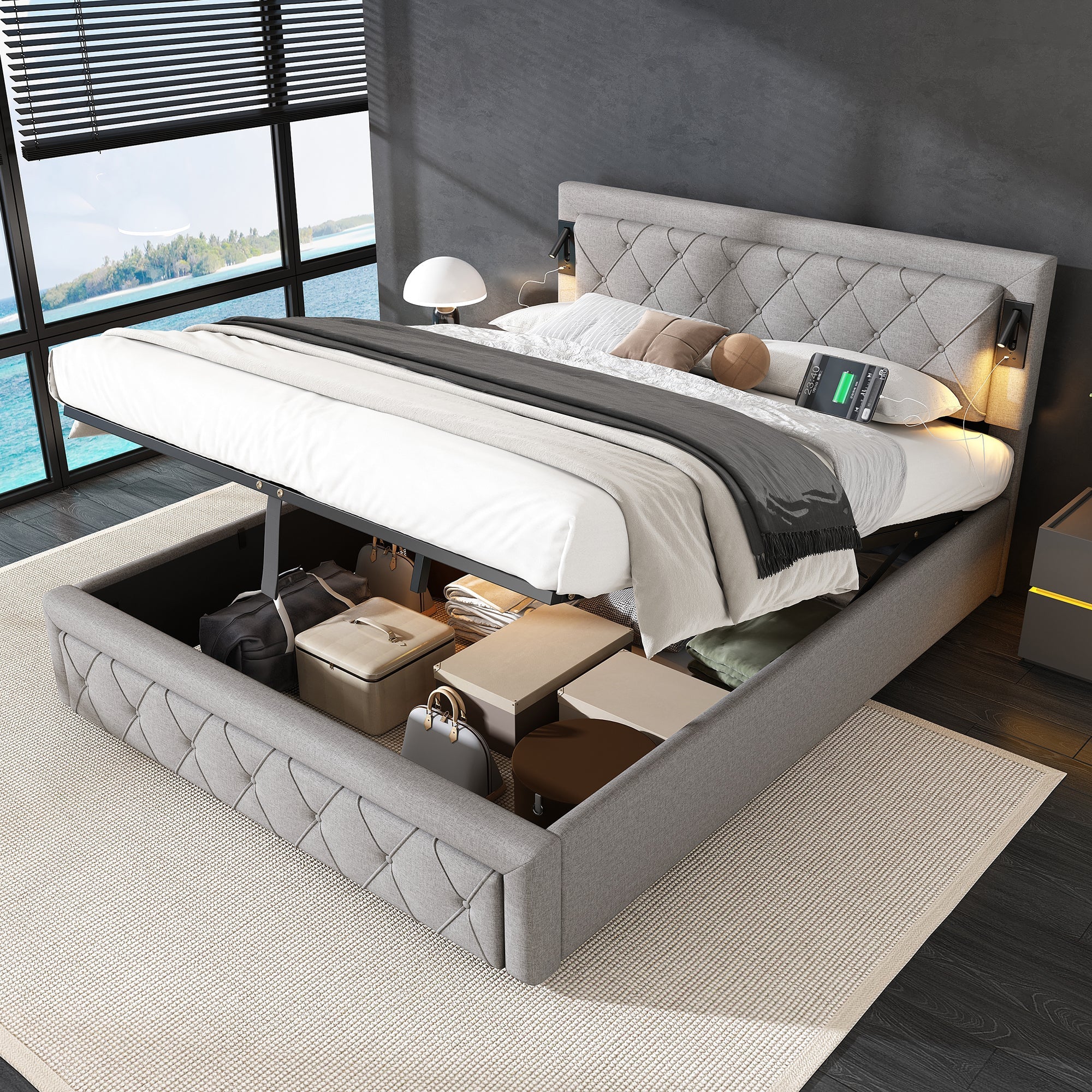 Logidon gestoffeerd bed 160x200 grijs met inbouwspot USB opbergruimte lattenbodem