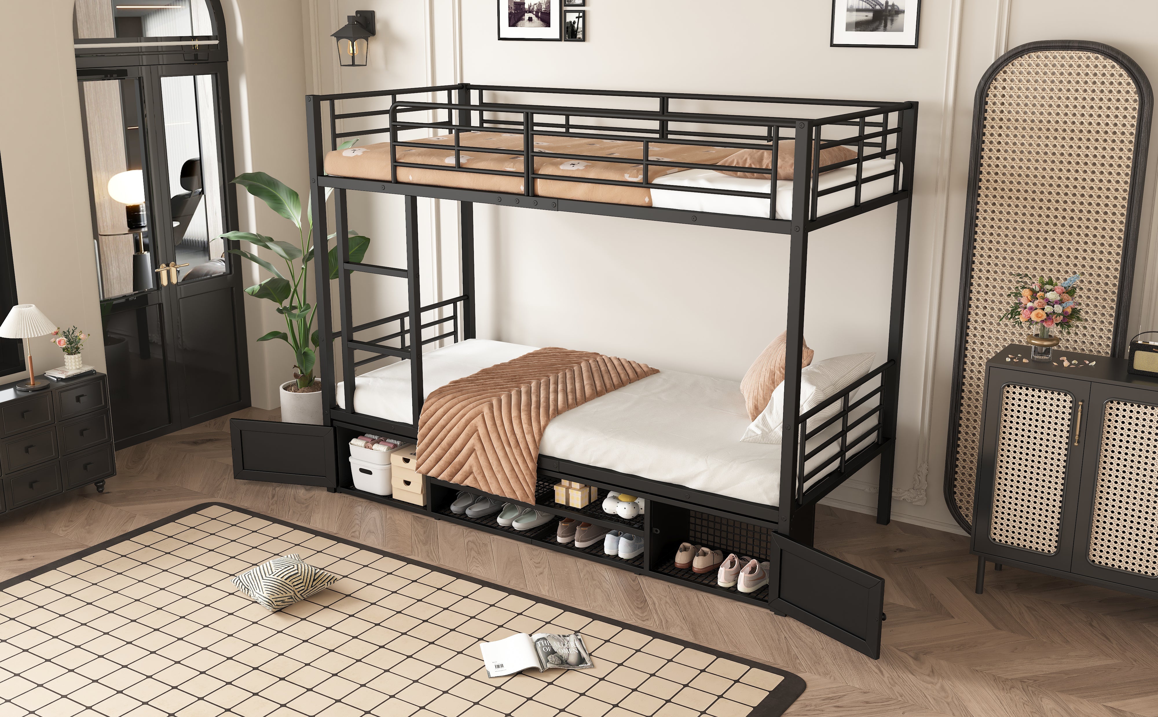 Logidon stapelbed ijzeren frame zwart 90x200 cm met schoenenrek
