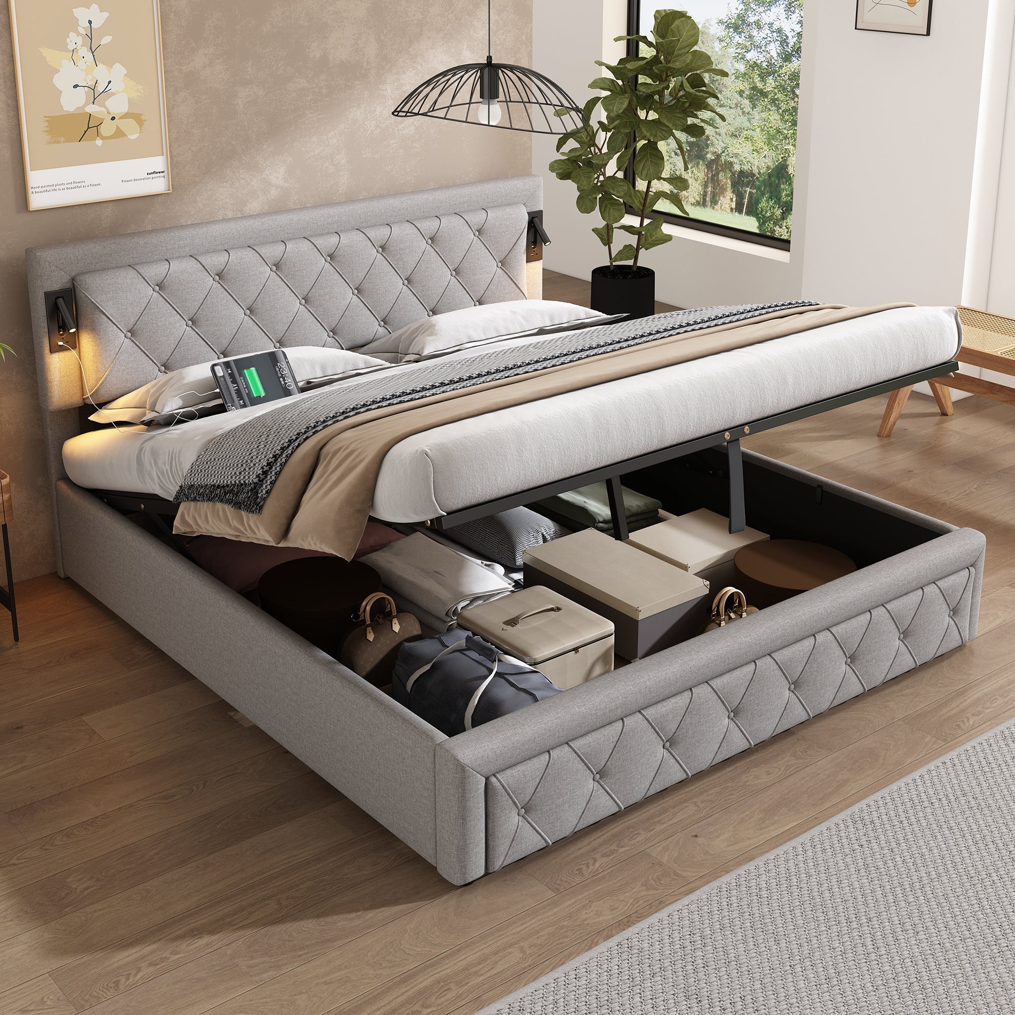 Logidon gestoffeerd bed 180x200 grijs linnen met inbouwspot en USB