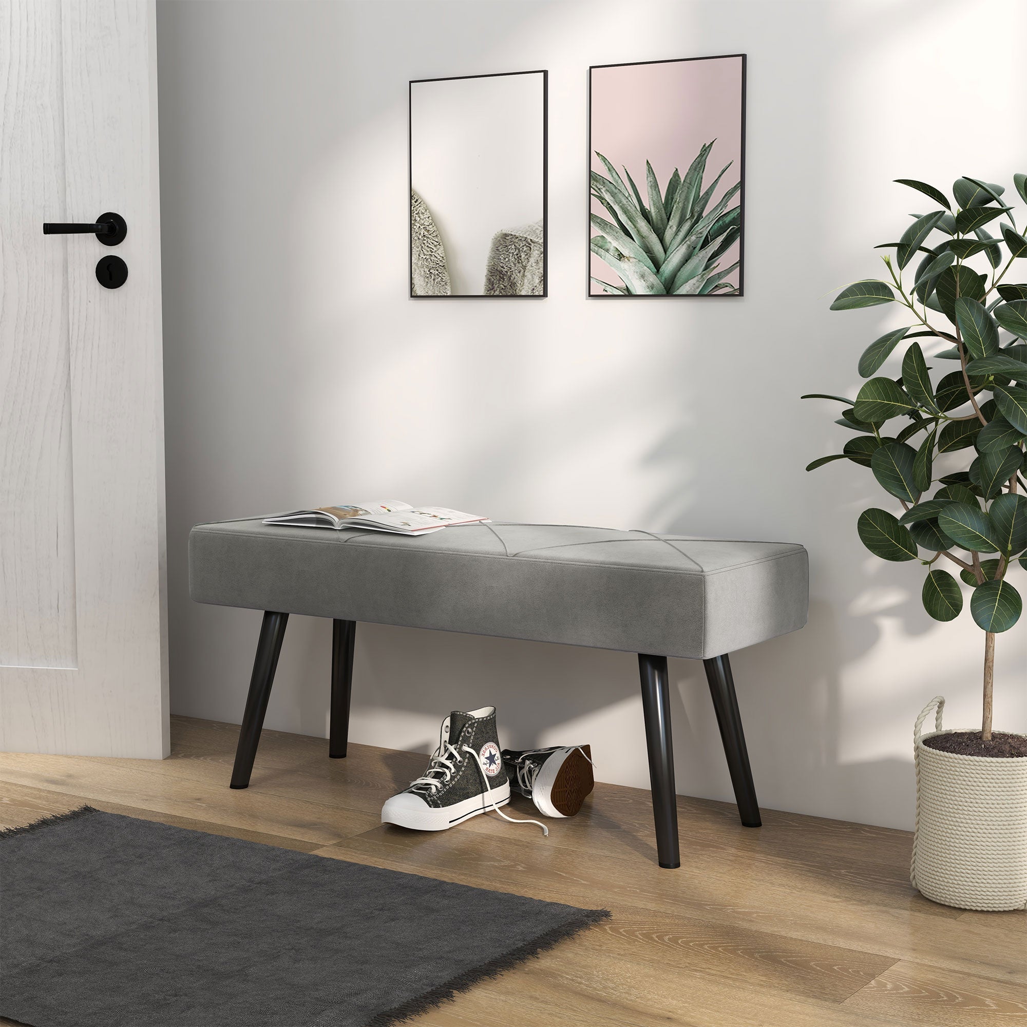 Logidon gestoffeerde bank fluweellook grijs 100x36x45 cm X-patroon bedbank