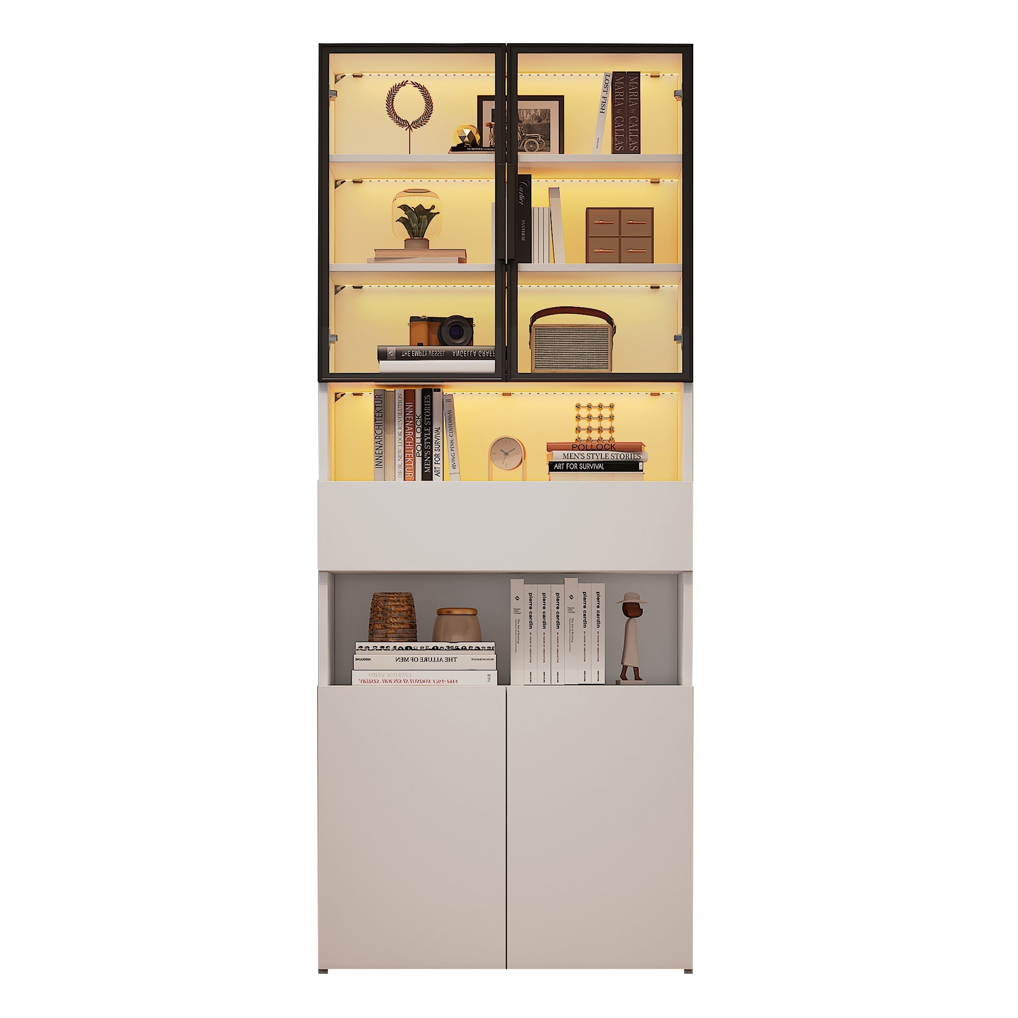 Logidon vitrinekast 70x30x200 cm witte LED glazen vitrinekast met lade