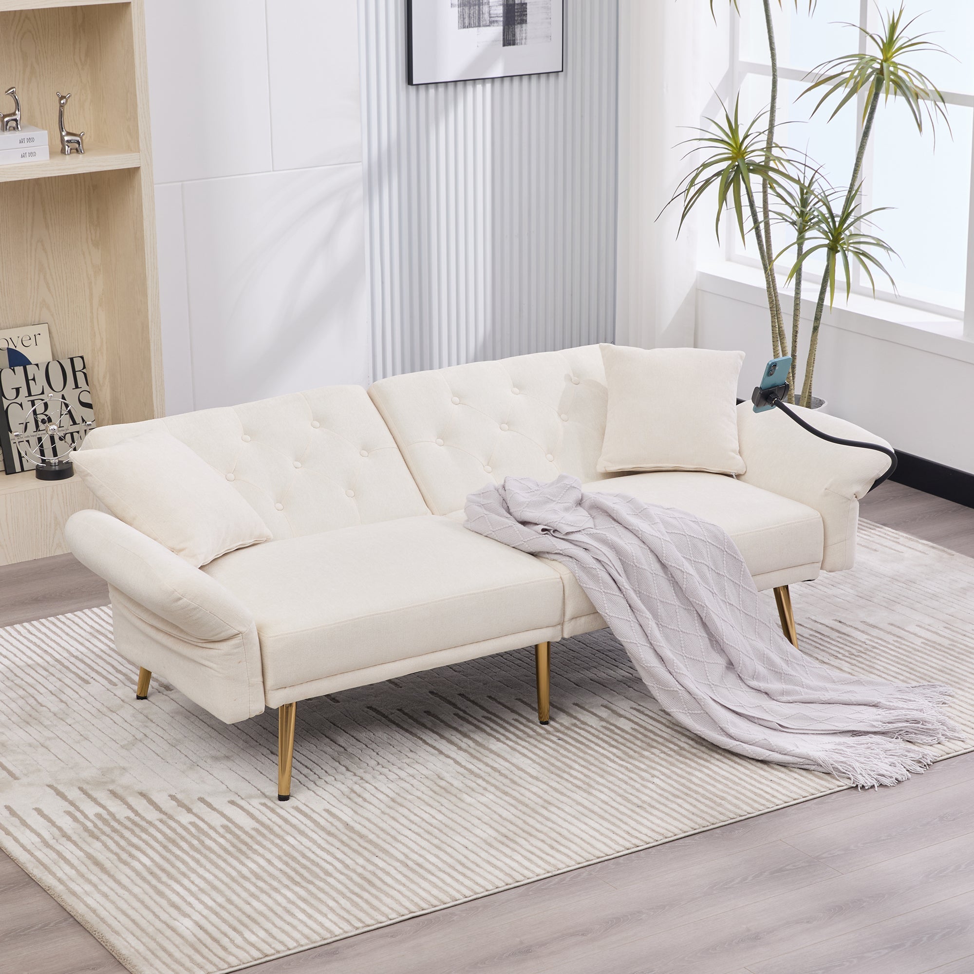 Logidon slaapbank tweezits beige fluweel met verstelbare rugleuning USB