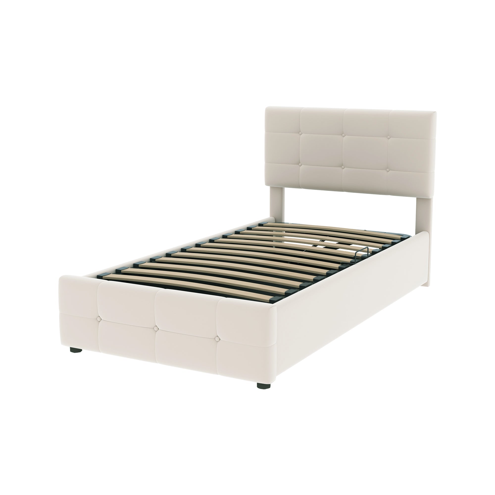 Logidon gestoffeerd bed 90x200cm beige fluwelen stof hydraulische opbergruimte