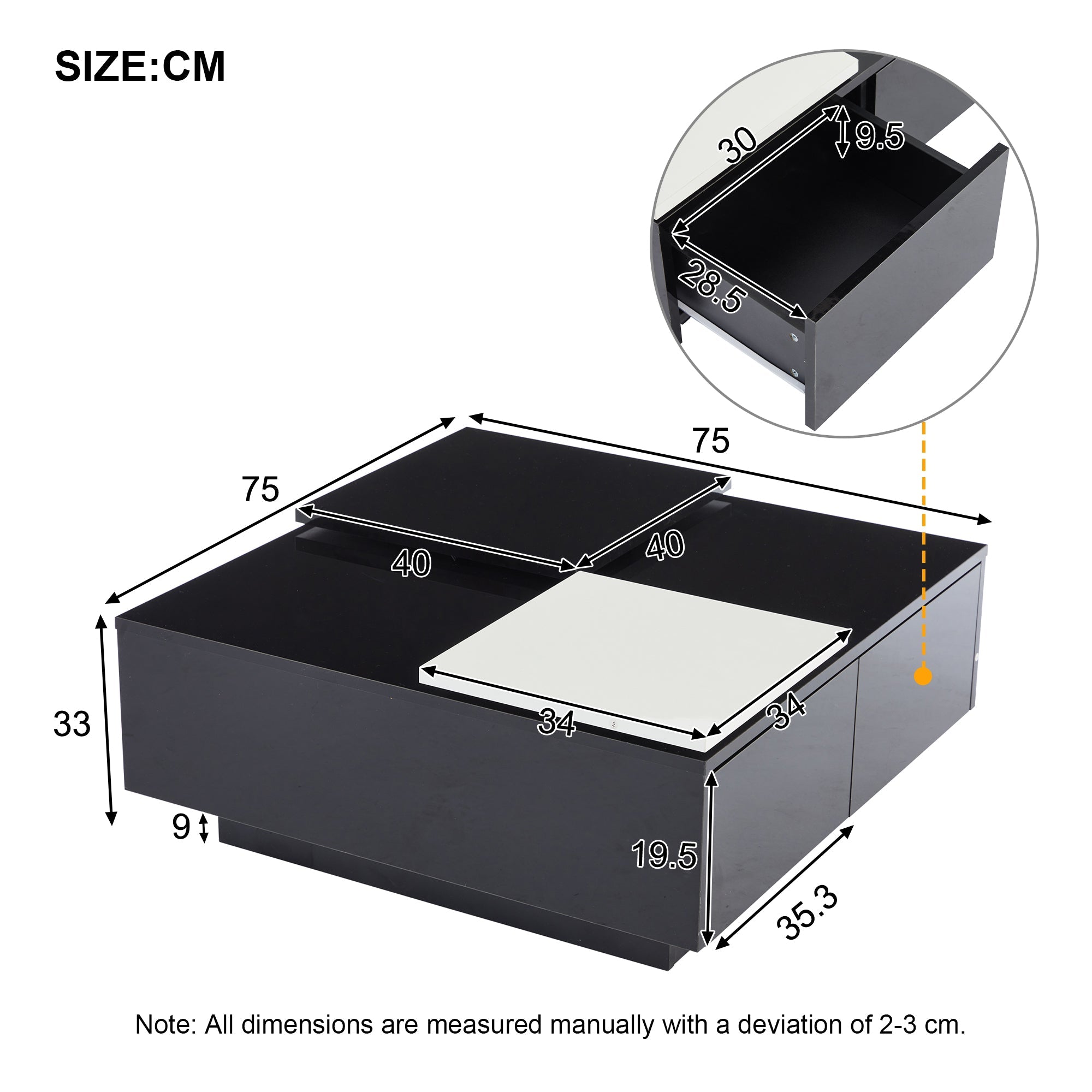 Logidon Hoogglans Salontafel Zwart Wit 75x75 Cm Met 4 Laden