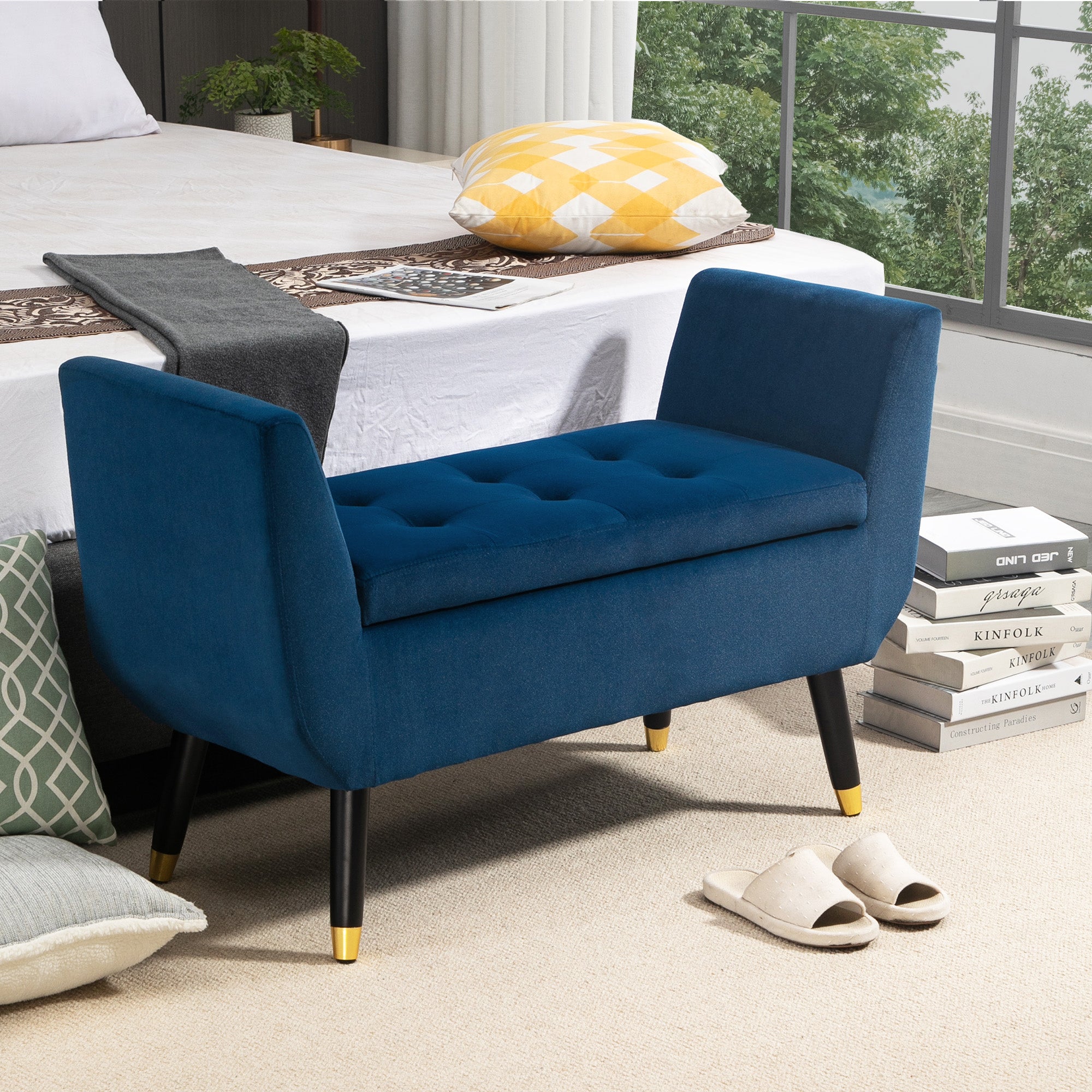 Logidon luxe bank met opbergruimte en armleuningen blauw 107x42x65 cm