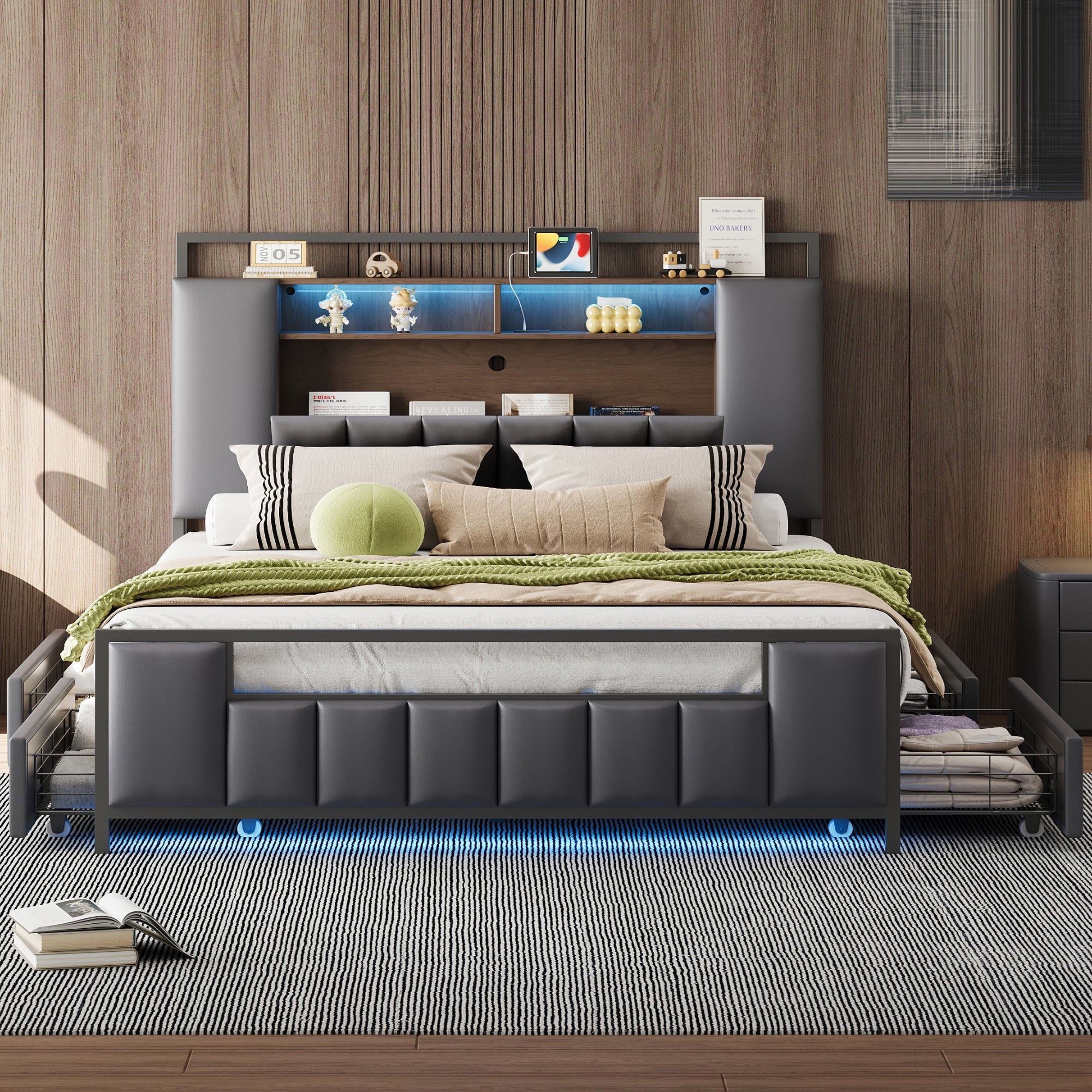 Logidon gestoffeerd bed 160x200 cm grijs kunstleer met LED USB-laden