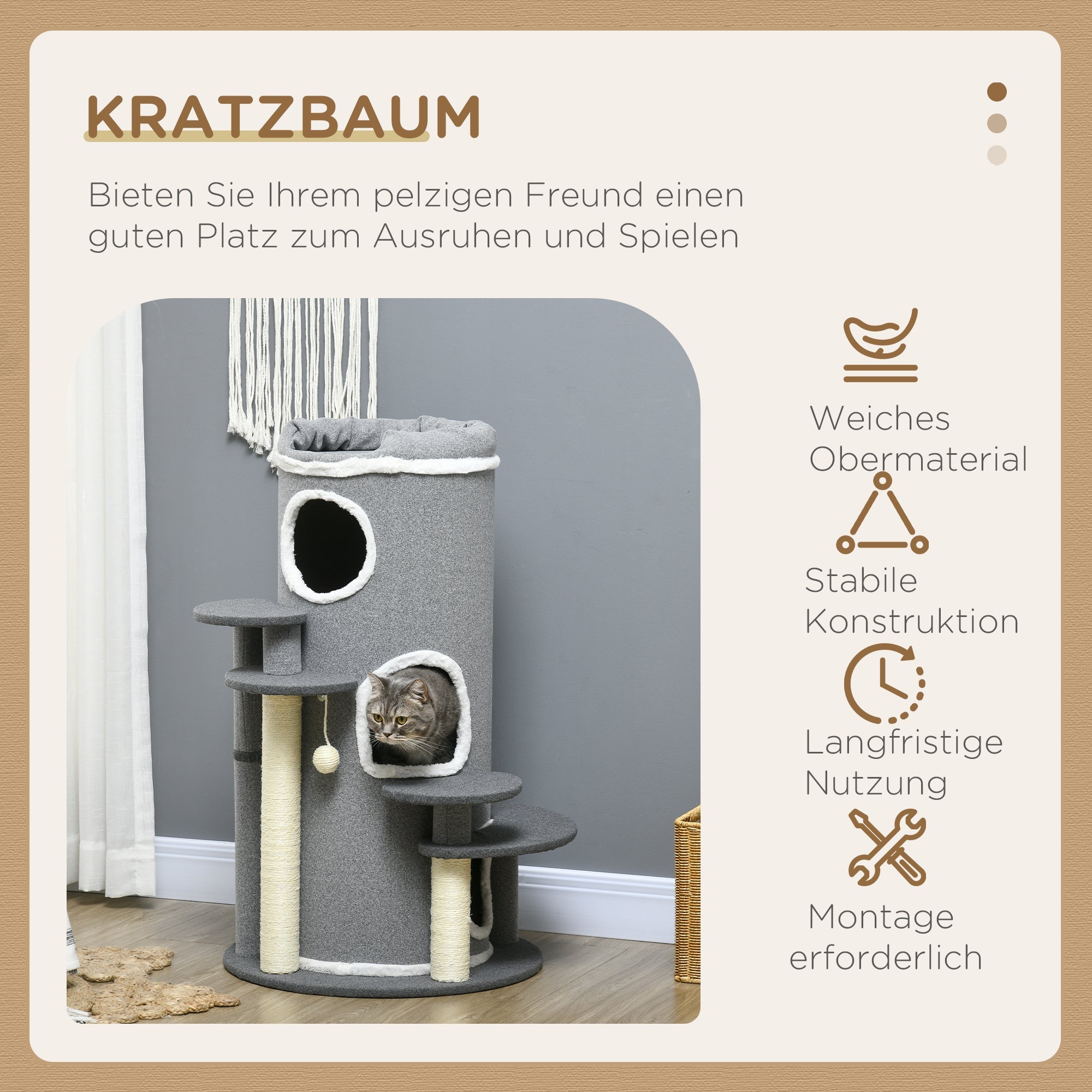 Logidon kattenkrabton 99 cm met kattenmand en speelbal grijs