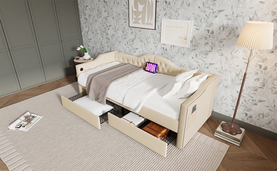 Logidon gestoffeerde slaapbank 90x200 beige USB-oplaadfunctie 2 compartimenten