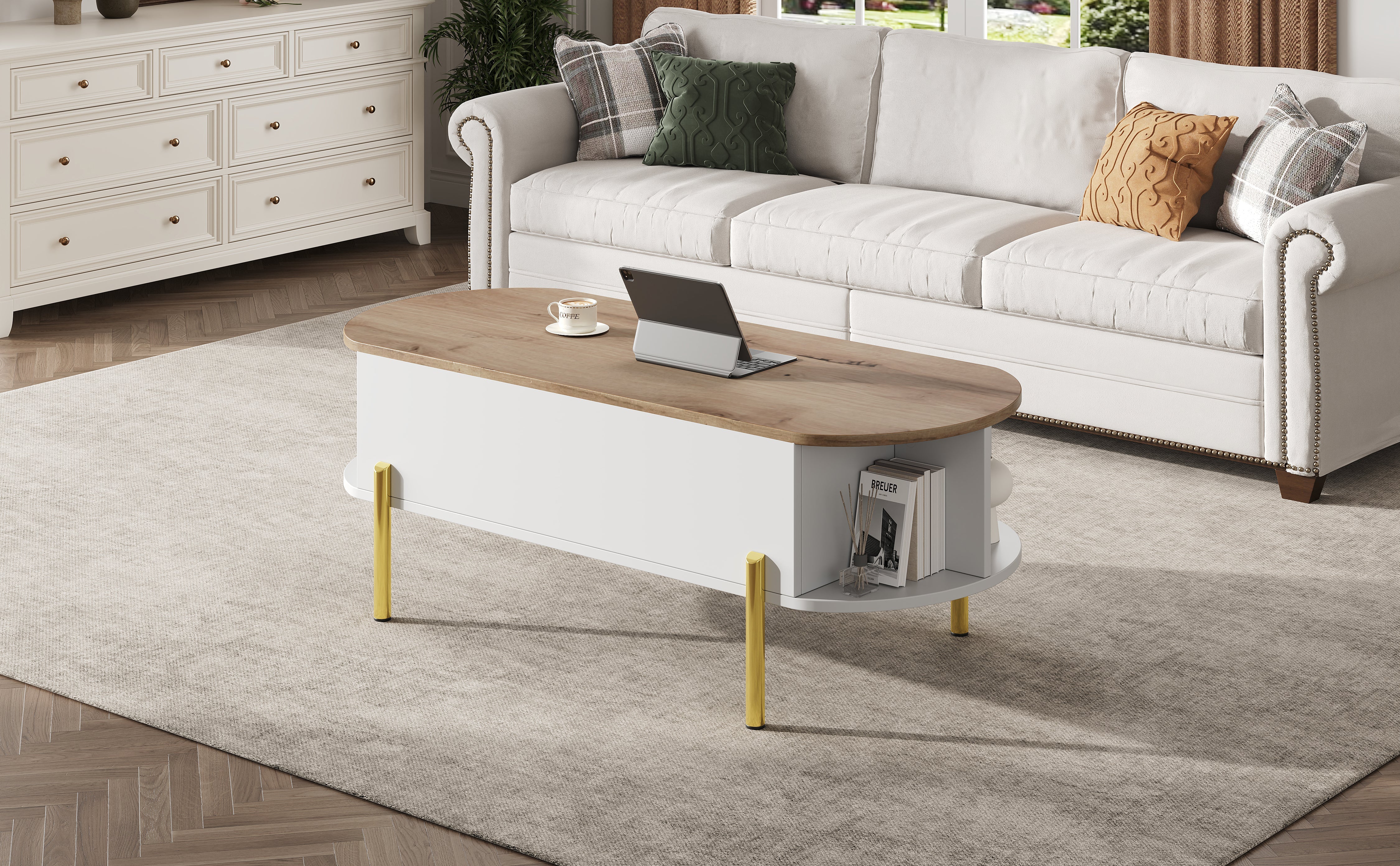 Logidon Verstelbare Salontafel 120x50x43 cm Met Opbergruimte Wit Hout