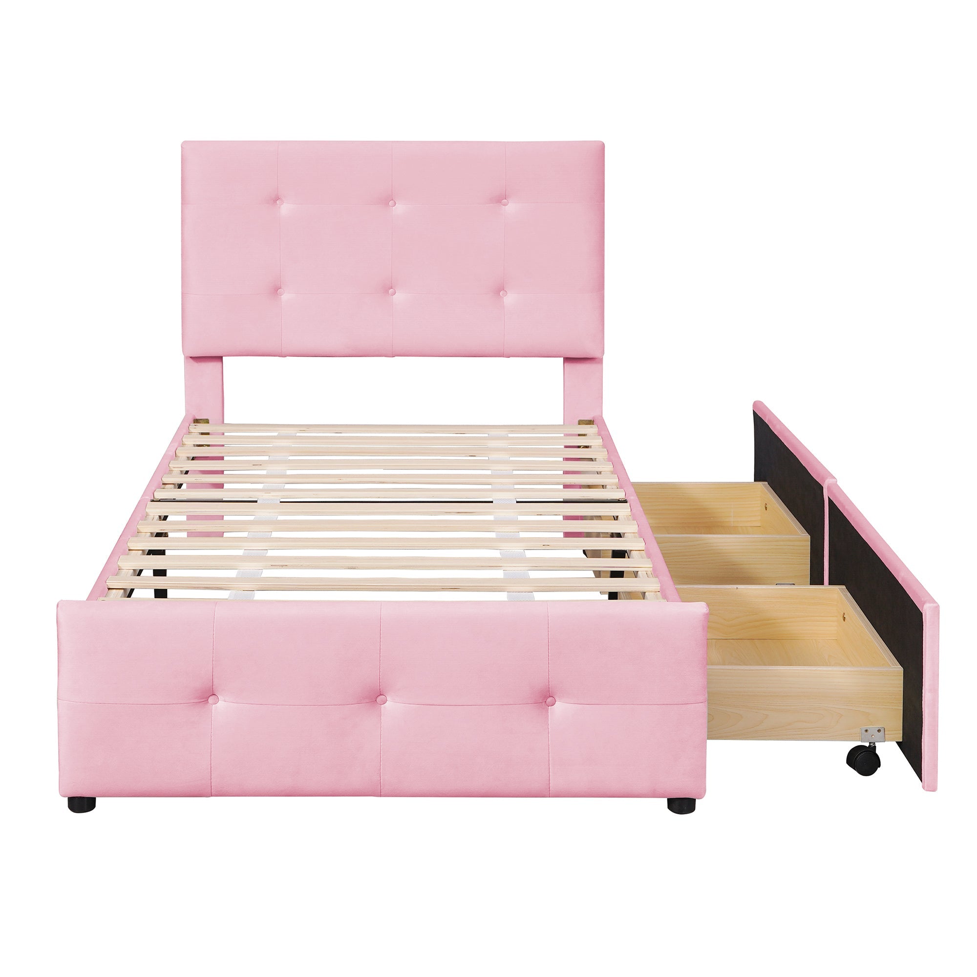 Logidon gestoffeerd bed 90x200 roze fluweel met lattenbodem twee lades