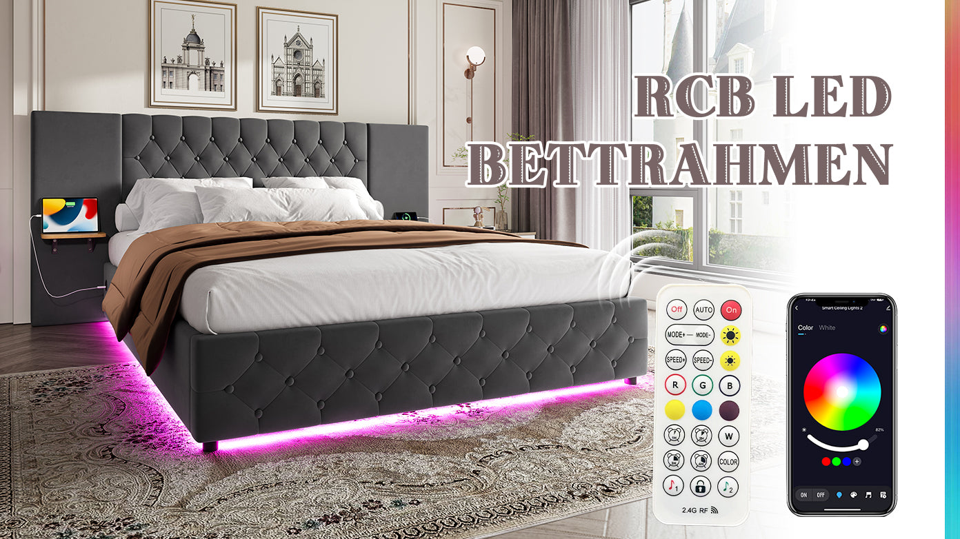 Logidon bedframe 140x200 cm grijs fluweel breed hoofdbord LED