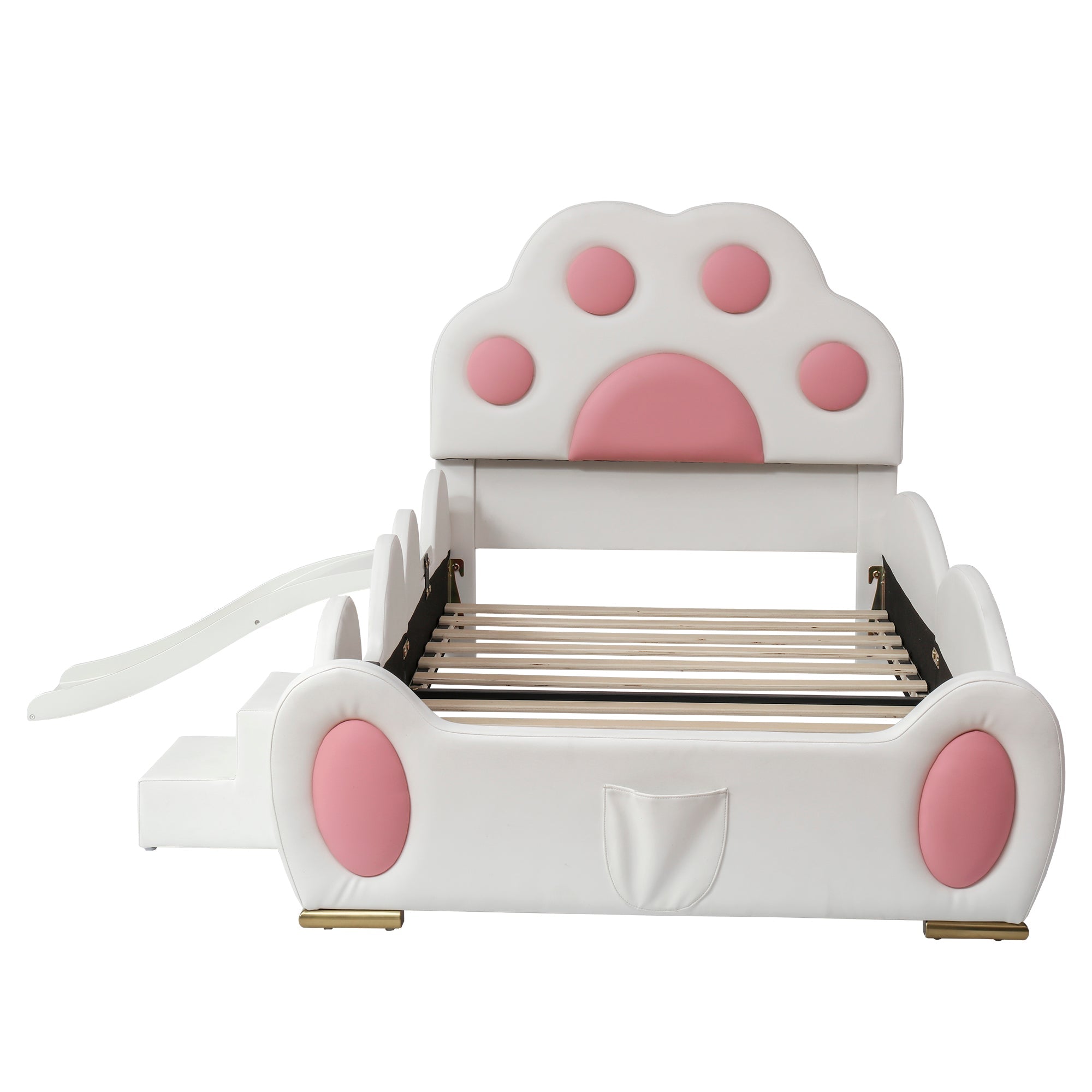 Logidon gestoffeerd bed 90x200 cm wit roze met kattenpoot hoofdeinde