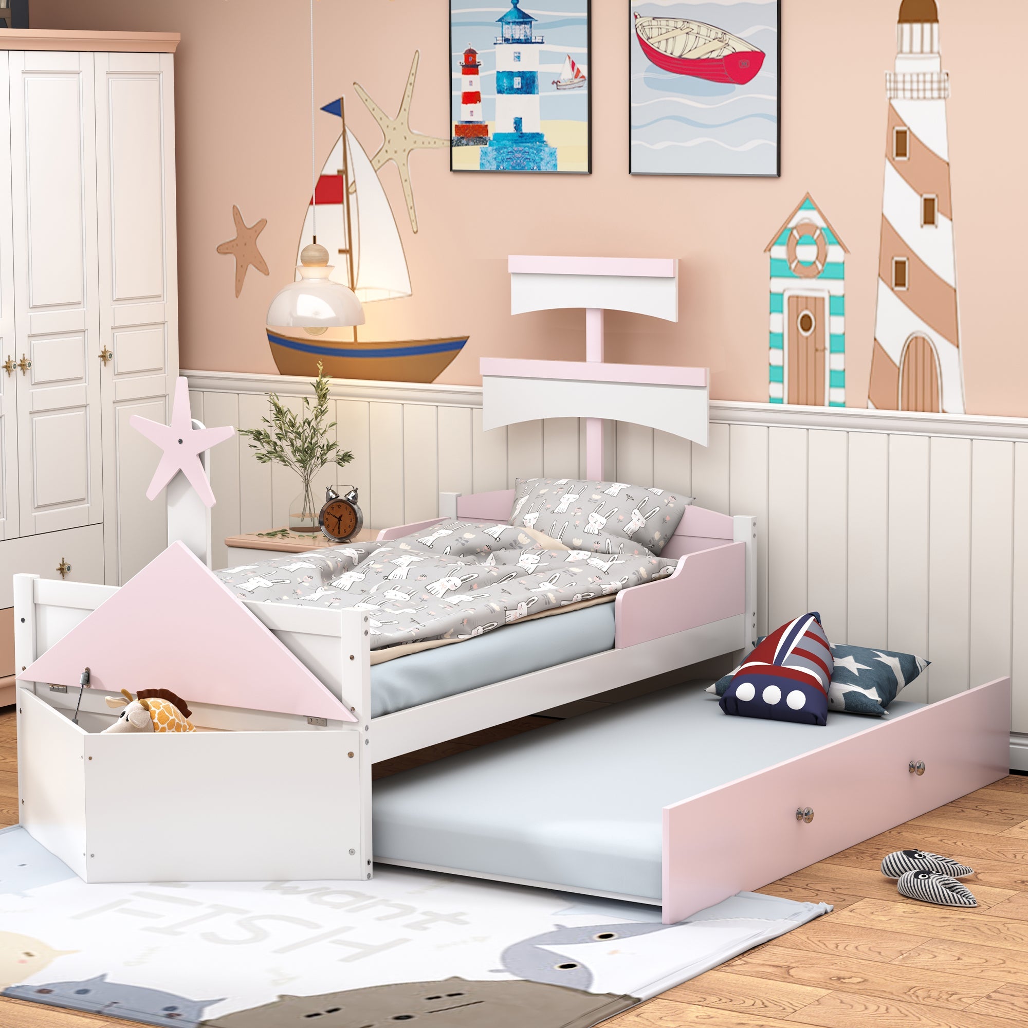 Logidon kinderbed hout roze zeilbootvorm 90x200 met uitschuifbaar bed