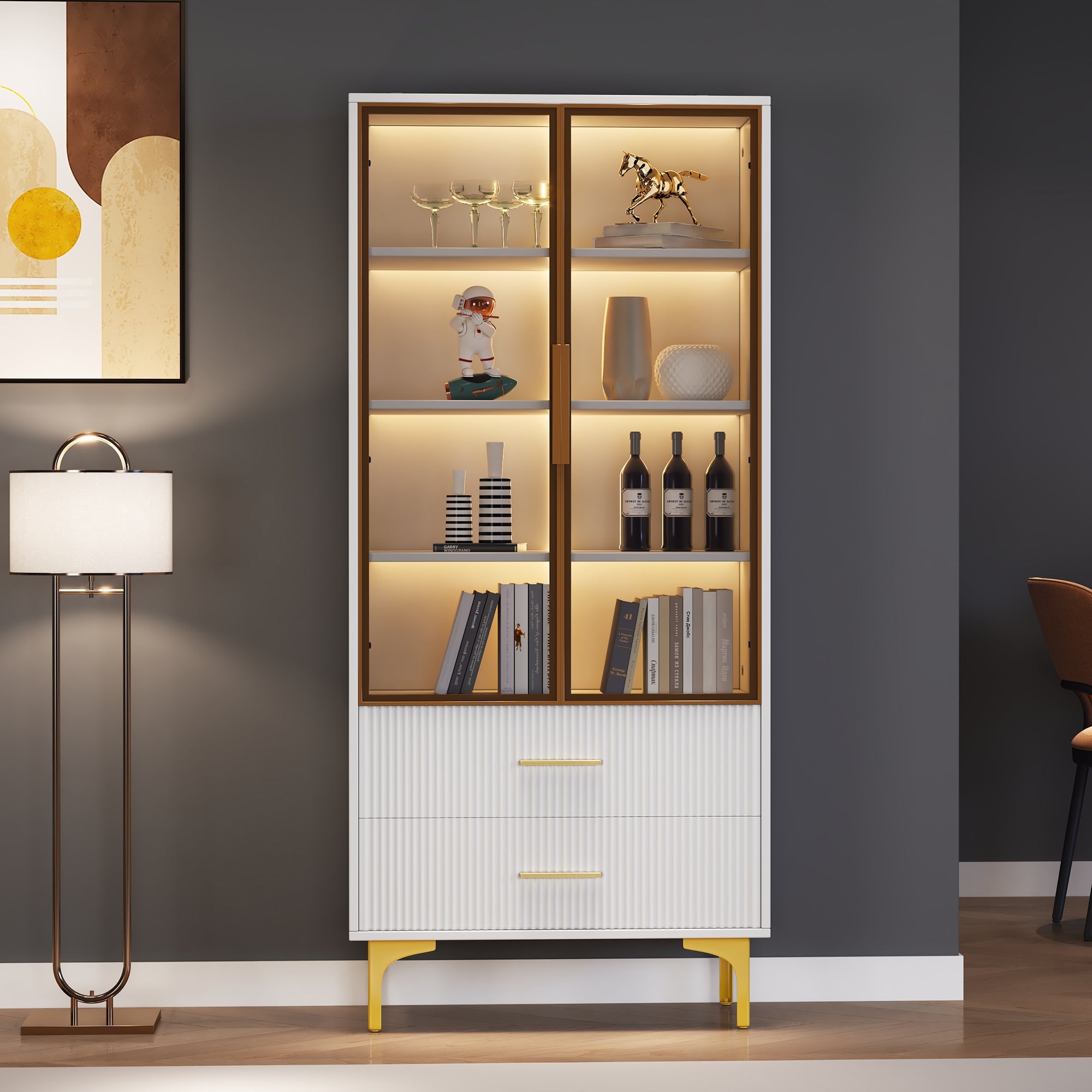 Logidon Elegant White Glass Display Cabinet 70x35x150 cm Teal Glass Doors