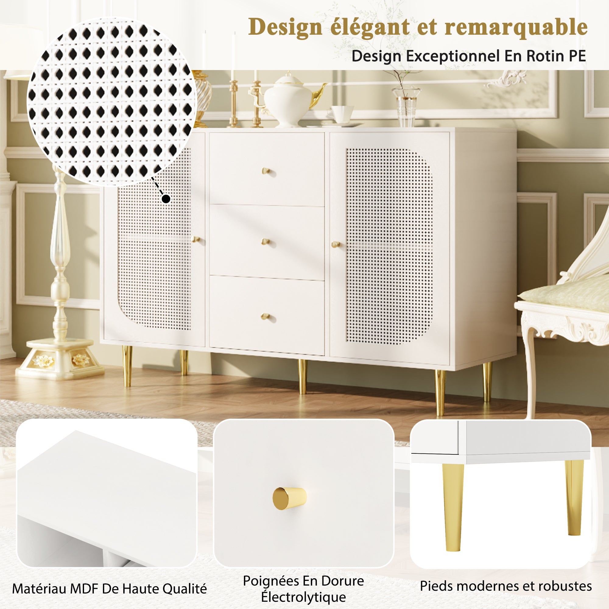Logidon dressoir met rotan deuren wit 120 x 40 x 90 cm