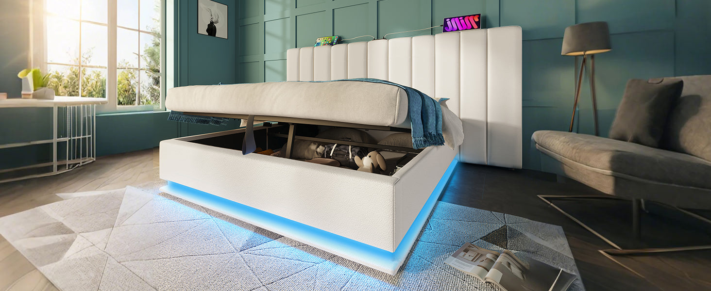 Logidon gestoffeerd bed 180x200 wit met app LED USB C oplaadfunctie