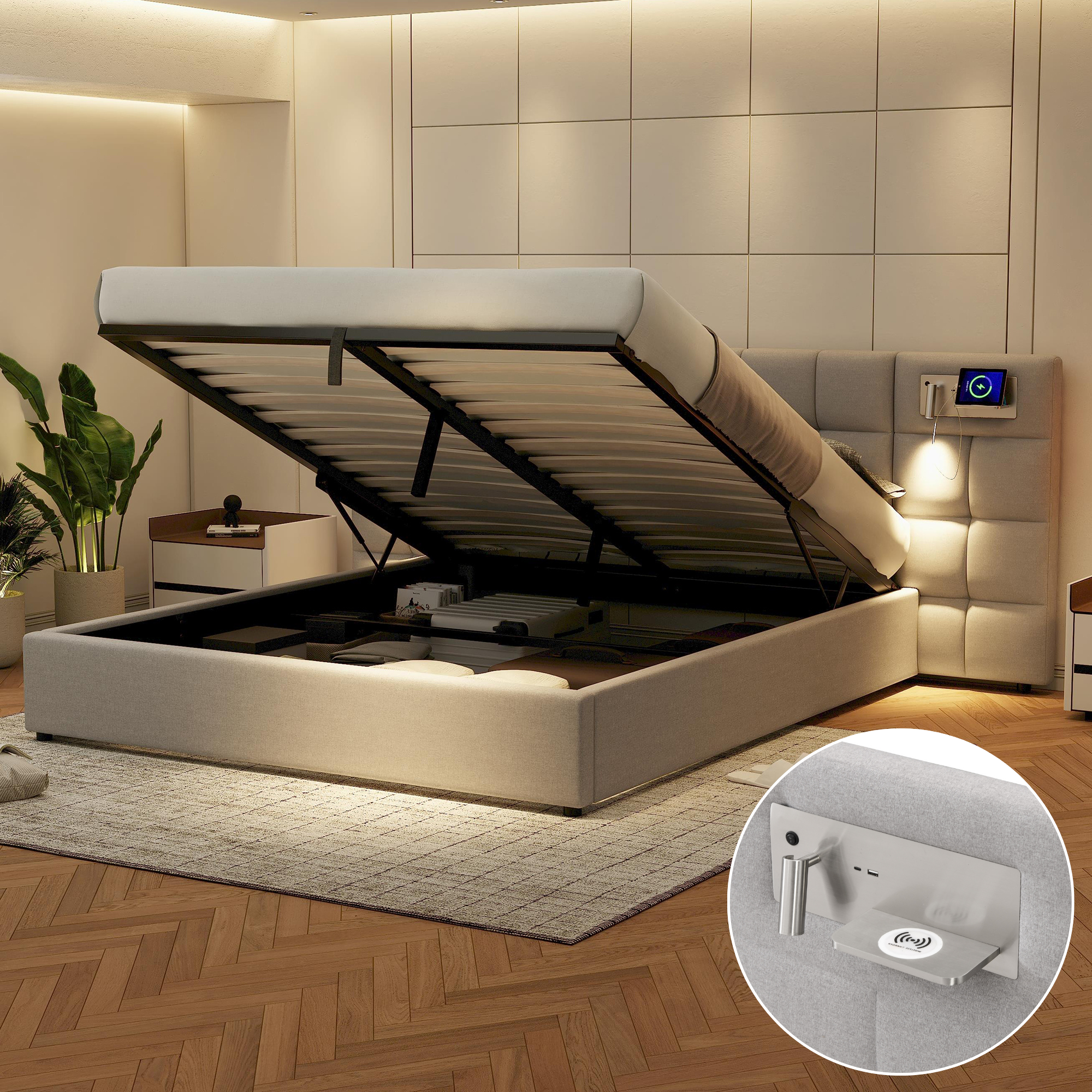 Logidon gestoffeerd bed 180x200 cm grijs hydraulisch bed USB-licht opbergruimte