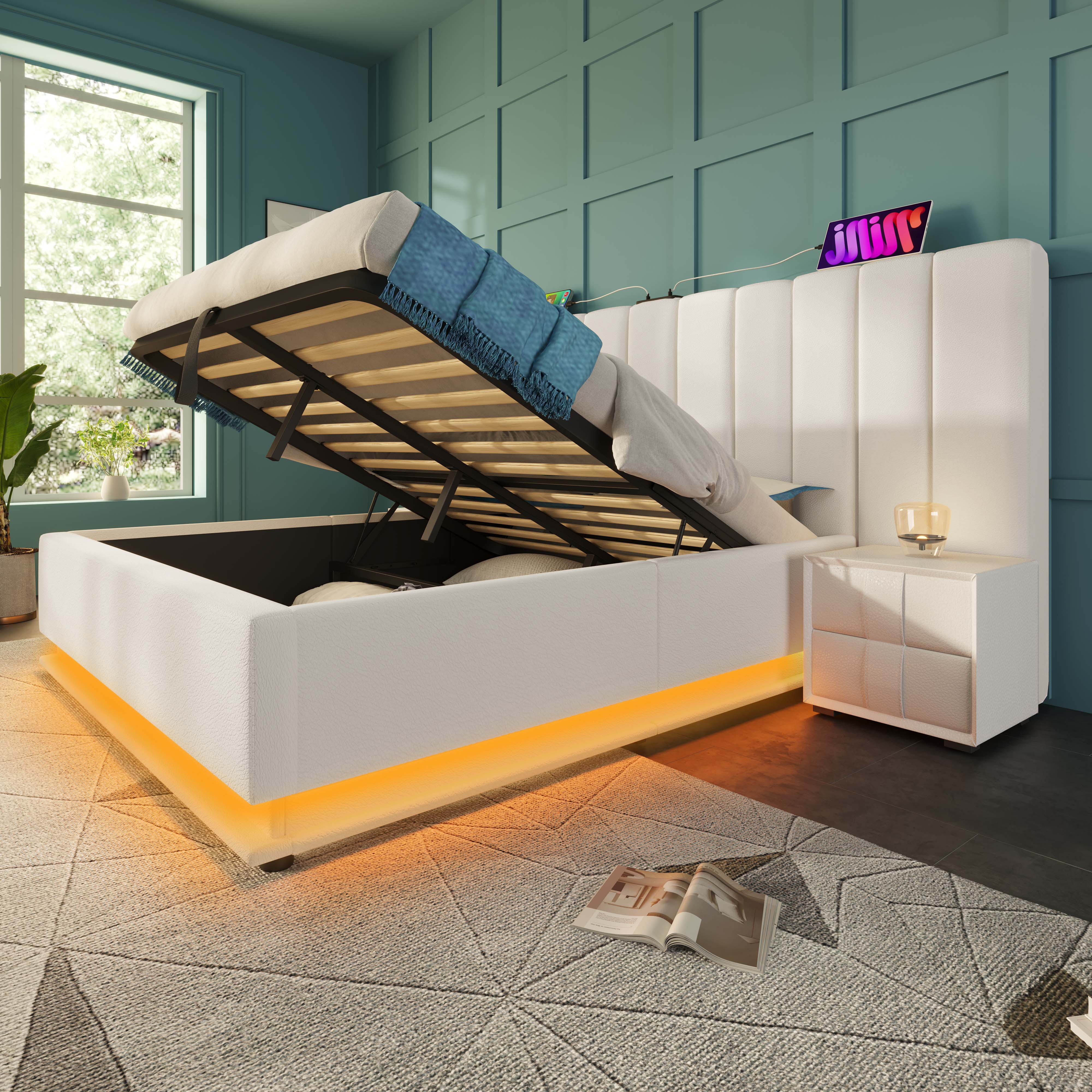 Logidon gestoffeerd bed 160x200 wit met opbergruimte en app-gestuurde LED-verlichting