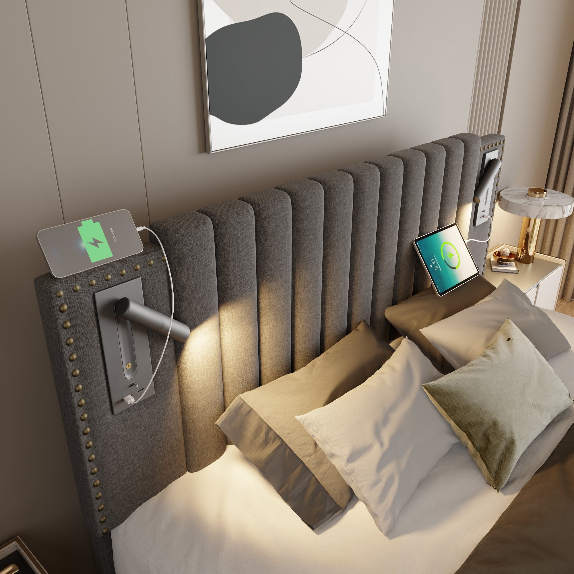 Logidon gestoffeerd bed 160x200 met opbergruimte en USB-leesapparaat lichtgrijs