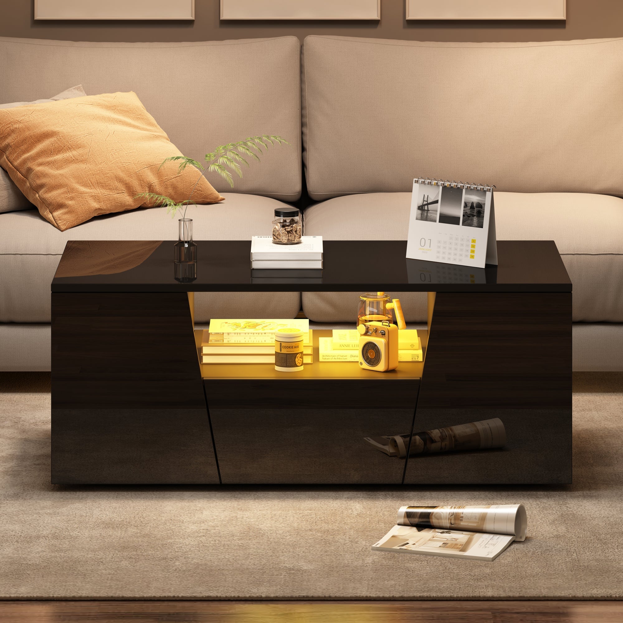 Logidon coffee table 100x50x40 cm black with LED 2 cabinets 1 drawer