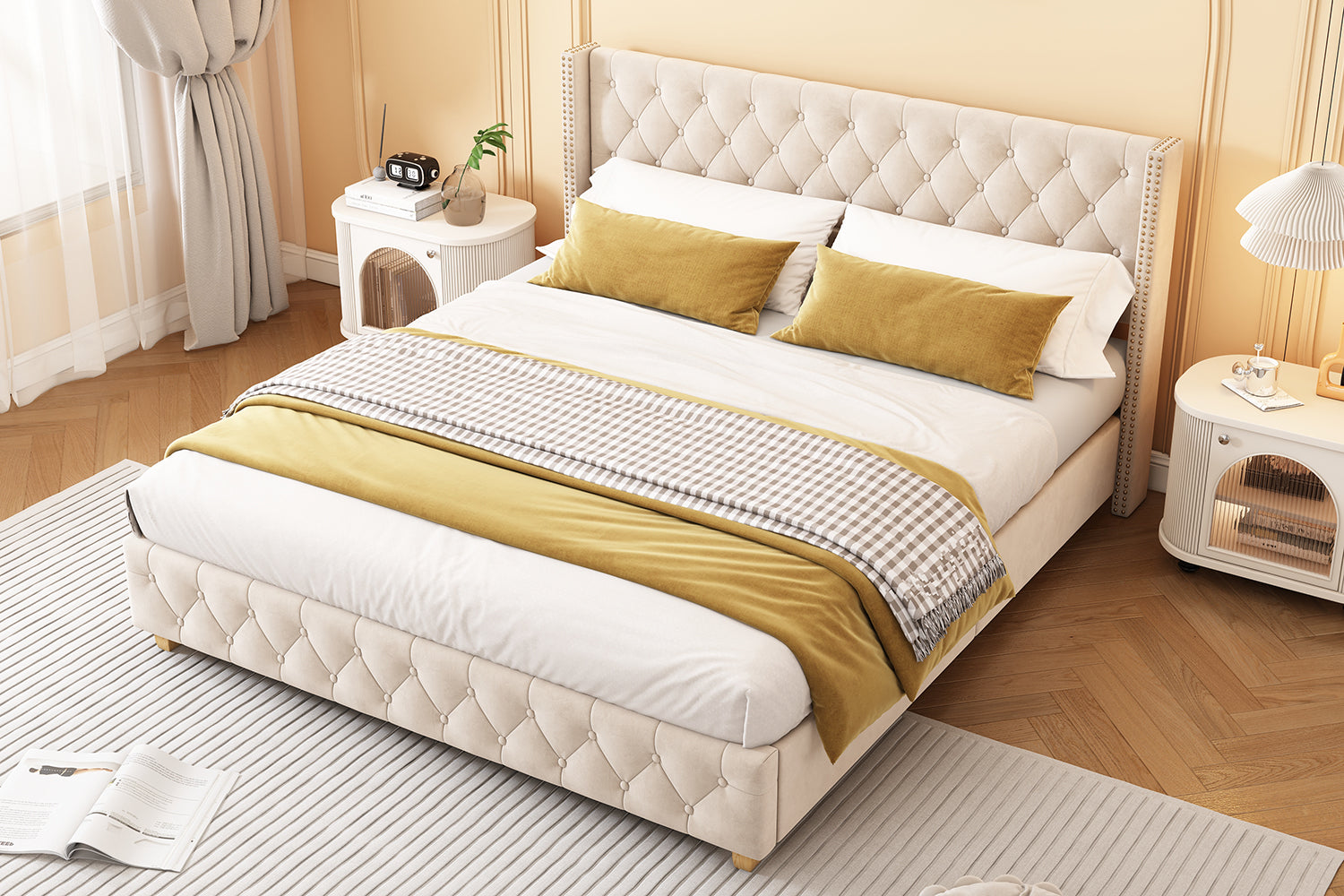 Logidon gestoffeerd bed 160x200 cm fluweel lichtbeige met lattenbodem